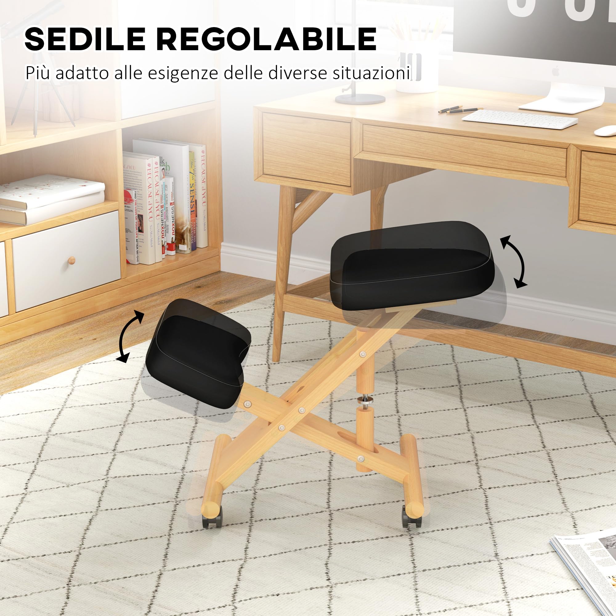 HOMCOM Sedia Ergonomica Inginocchiata, Sedia Posturale, Nero | Sgabello Ergonomico Inginocchiatoio, Legno di Caucciù, con Rotelle, Ufficio, Casa