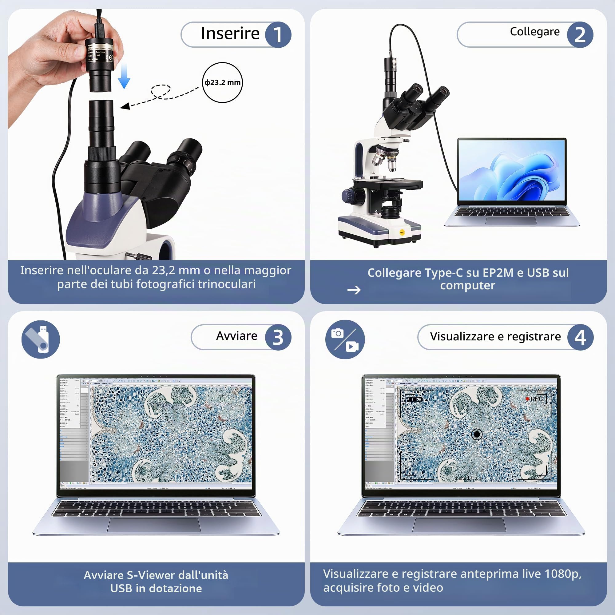 SWIFT EP2M 2-MP 1080p fotocamera oculare USB microscopio per tubi oculari e trinoculari da 23,2 mm, compatibile con Windows 7-11 e macOS, S-Viewer per misurare e annotare