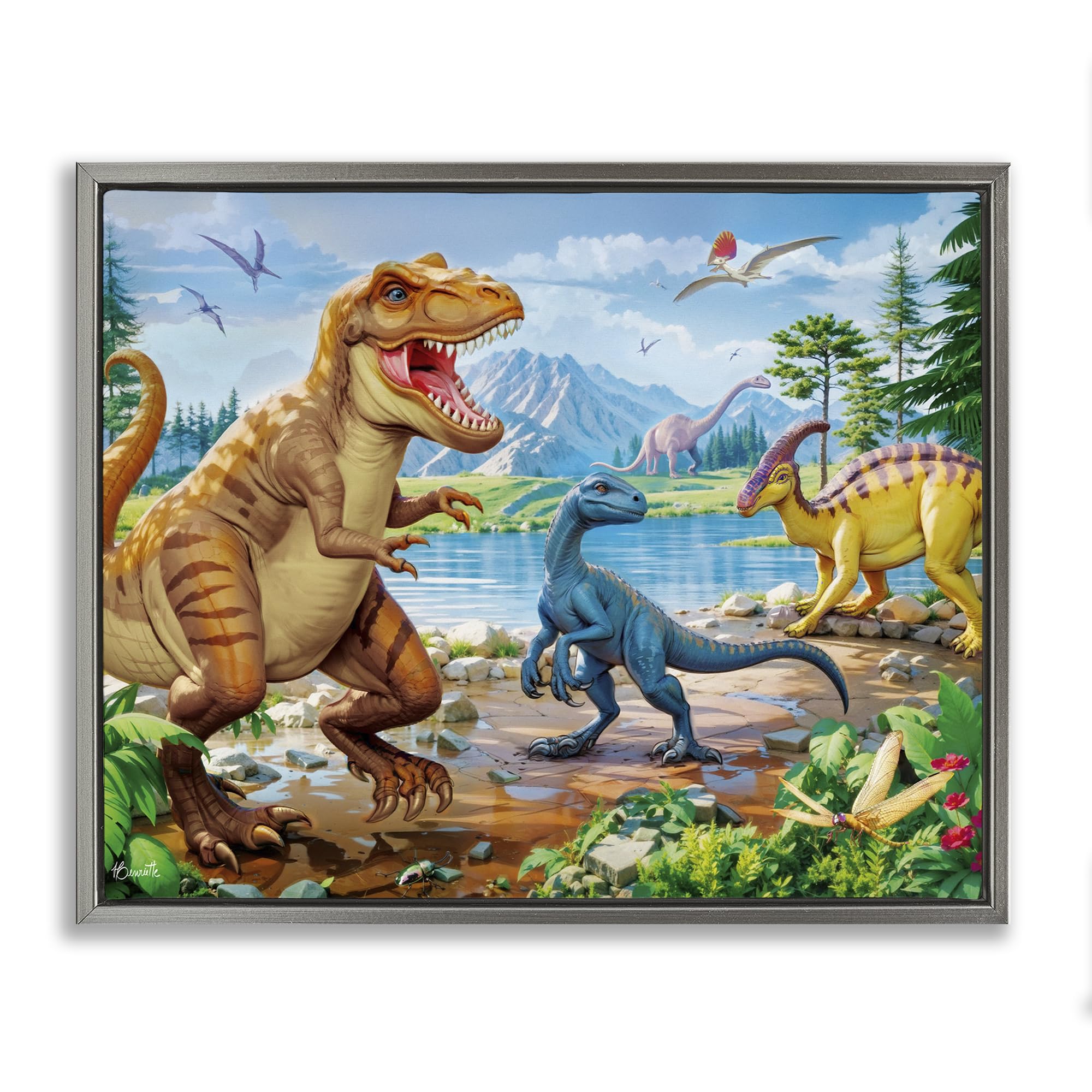 Stupell Industries Luster Gray (Matte) 'Lush Jurassic Lakeside'| Floating Frame Canvas Art