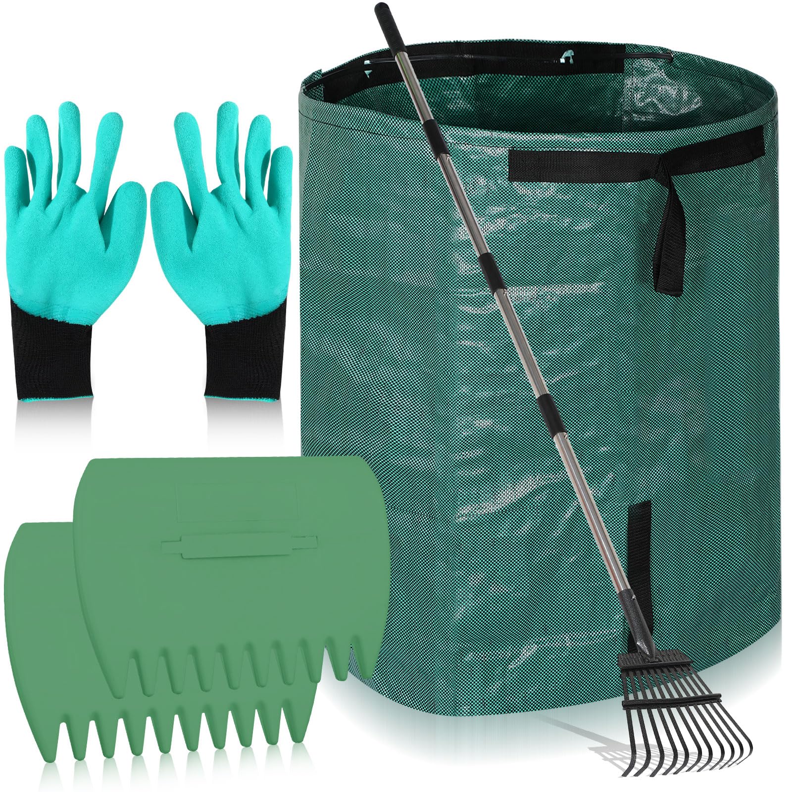 Gisafai 3 Pcs Leaf Scoops and Leaf Rake Set Includes 11 Tines Gardening Leaf Rake with Adjustable Handle 2 Large Leaf Scoop 53 Gallon Garden Bag and Work Gloves for Scooping and Picking up Leaves