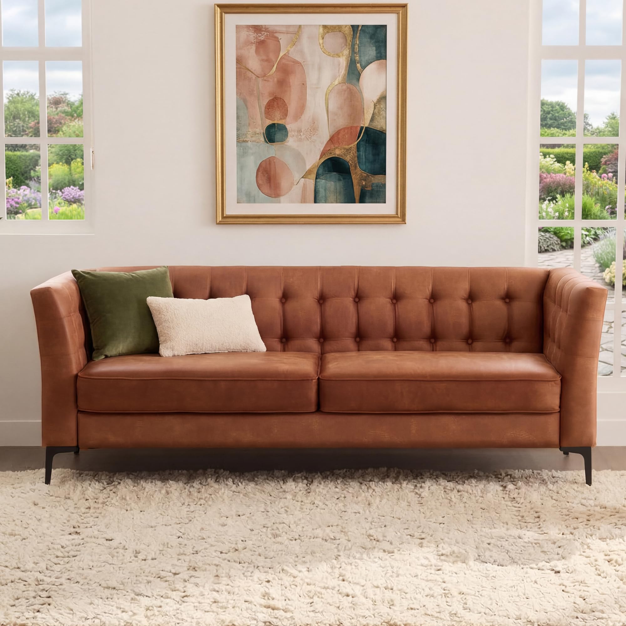 85 W Faux Leather Sofa Couch with Button Tufted 3 Seater Sofa with Metal Legs and Deep Seats