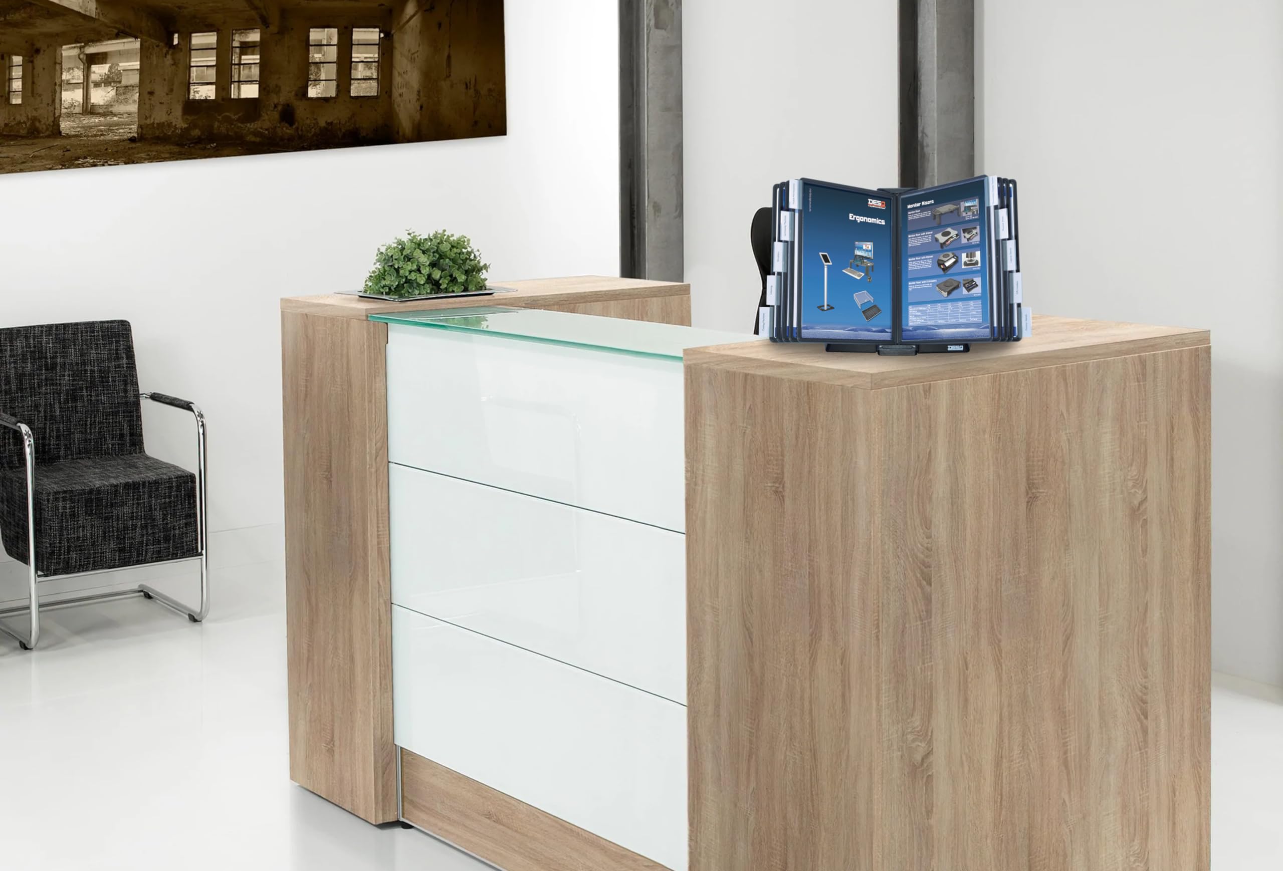 DESQ® Set di 10 pannelli di visualizzazione da tavolo, con base in metallo, formato A4, espandibile dopo 20 o 30, opaco antiriflesso