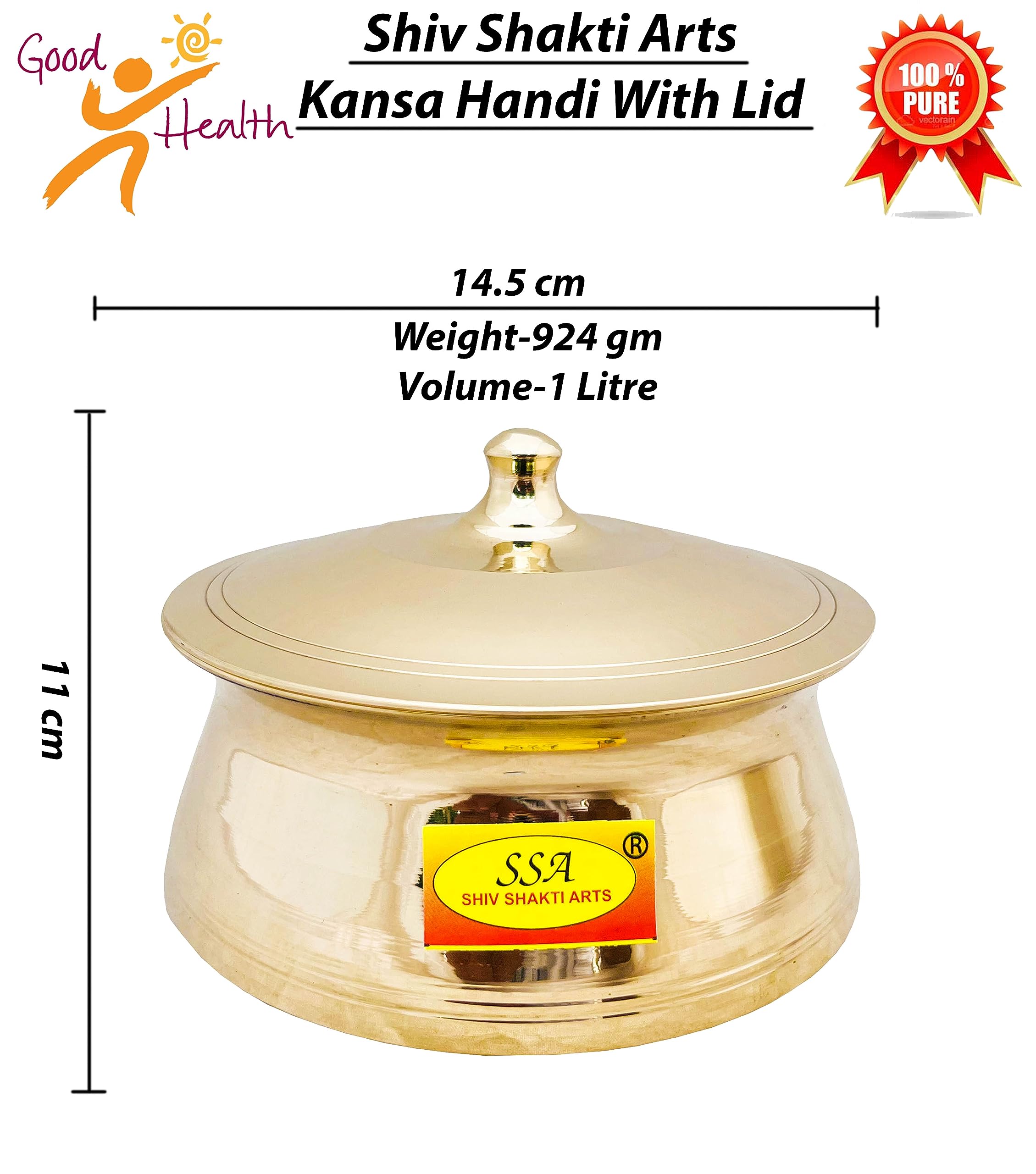 SHIV SHAKTI ARTS Bronze Kansa Casserole Donga with Lid Premium for Serving Food in Home and Hotel Volume-1 Litre