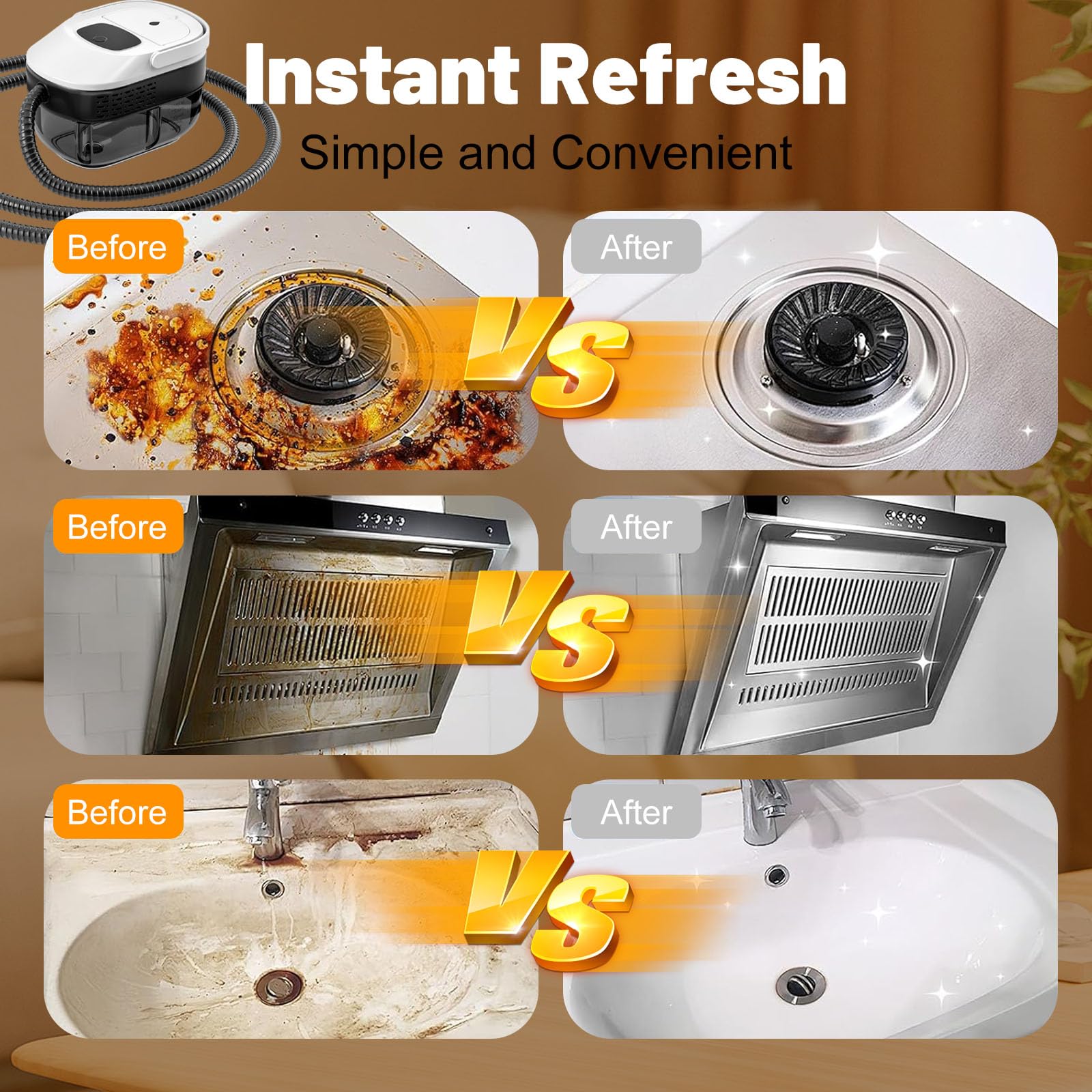 Limpiador a vapor portátil con 3 niveles de potencia, steam cleaner equipado con un depósito de 1600 ml, ideal para la limpieza a alta presión de cocinas, baños, ventanas y coches