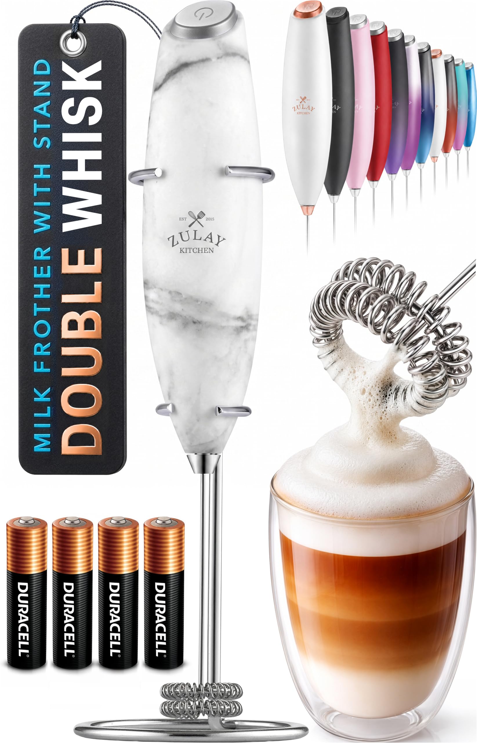 Zulay Kitchen Powerful Milk Frother Wand With Duracell Batteries - Ultra Fast Handheld Drink Mixer - Electric Whisk Foam Maker for Coffee, Lattes, Cappuccino &amp; Matcha - Double Whisk - Quartz