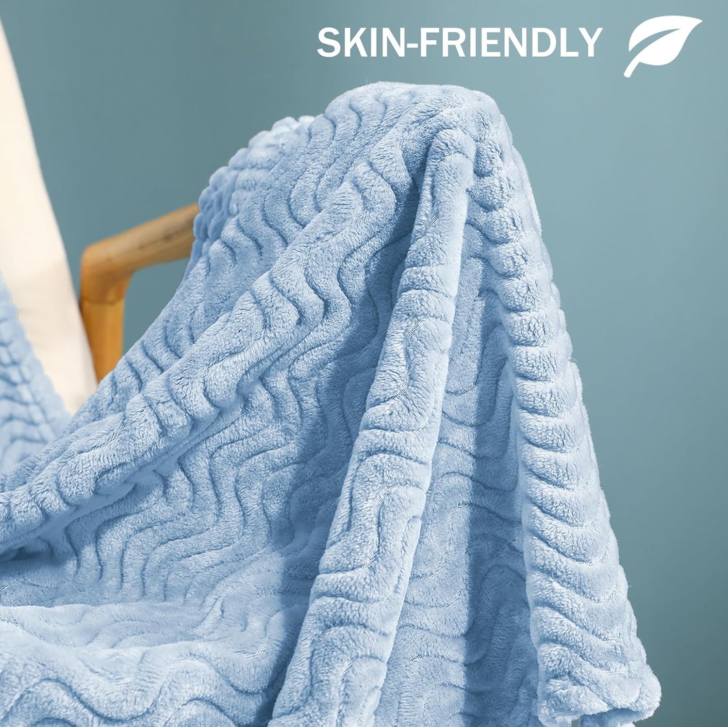 Exclusivo Mezcla Fleece Throw Blanket for Couch, Cozy Lightweight Blankets for All Season, Decorative Giftable Fuzzy Plush Wave Textured Throws for Women, Men, Light Blue, 50x70 Inches - Image 2