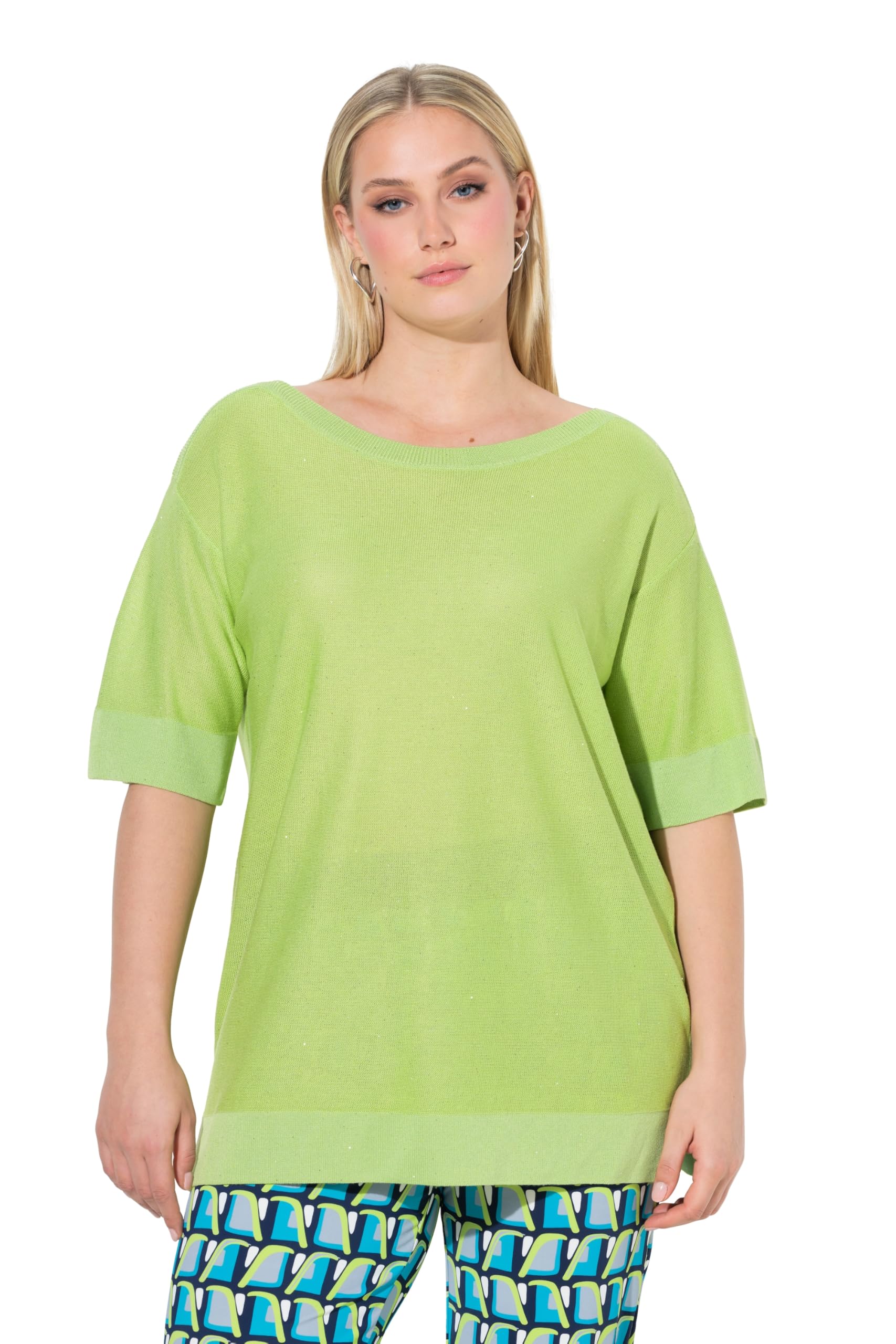 Ulla Popken Damen große Größen Übergrößen Plus Size Pullover, Pailletten, Oversized, U-Boot-Ausschnitt, Halbarm 847347