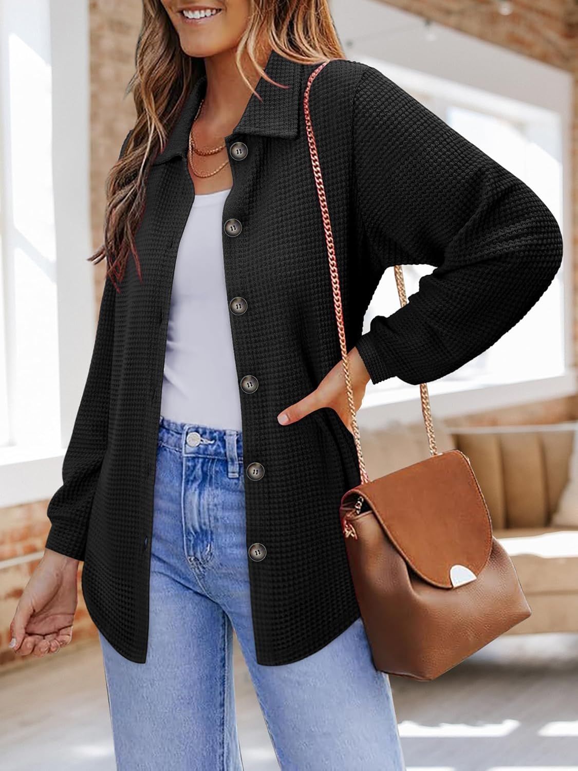 BETTE BOUTIK Womens Long Sleeve Waffle Knit Tops Fall Winter V Neck Casual Fashion Shirts - Image 4