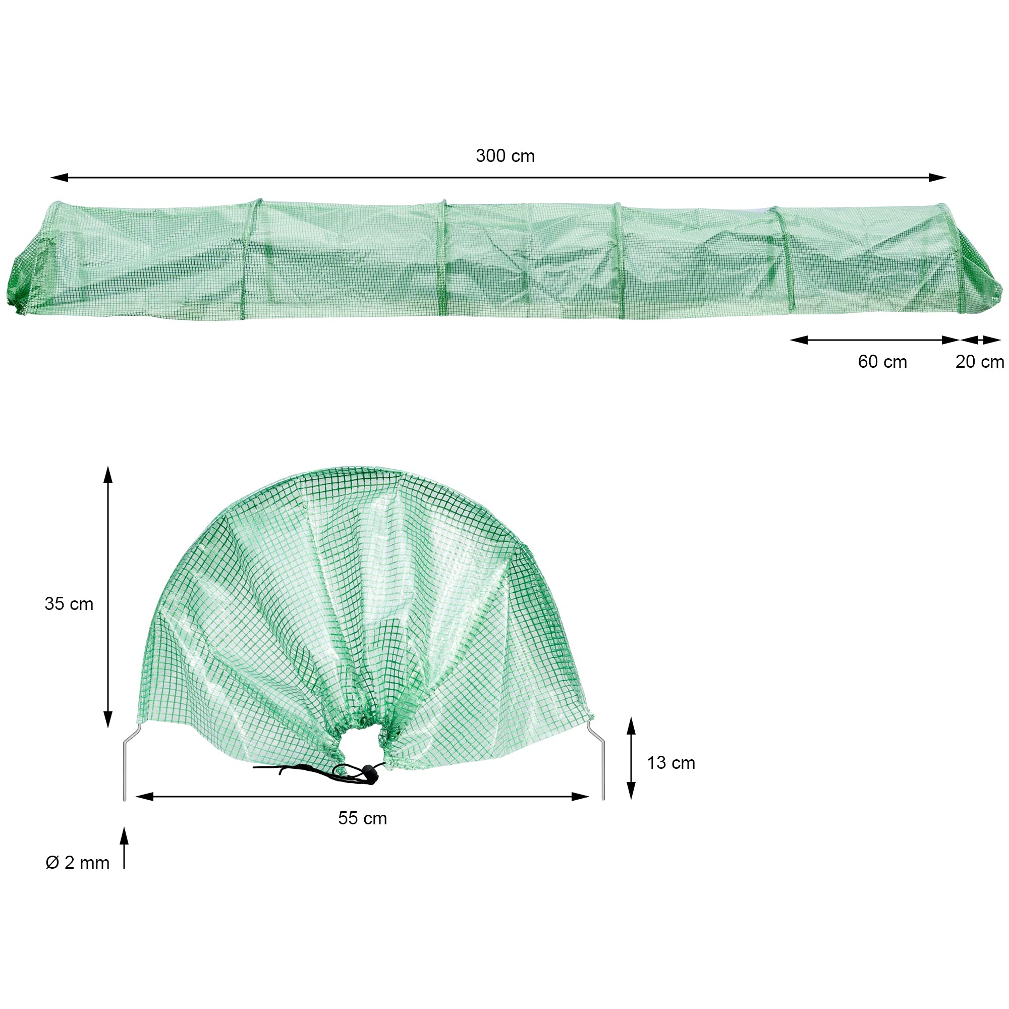 ECD Germany Tunel Foliowy Roślinny 300x55x35 cm 3m Przezroczysty/Zielony Folia PE-Siatka 135 g/m² z 6 Zakrzywionymi Drutami Stalowymi Ø 2mm, Szklarnia Chłodnia