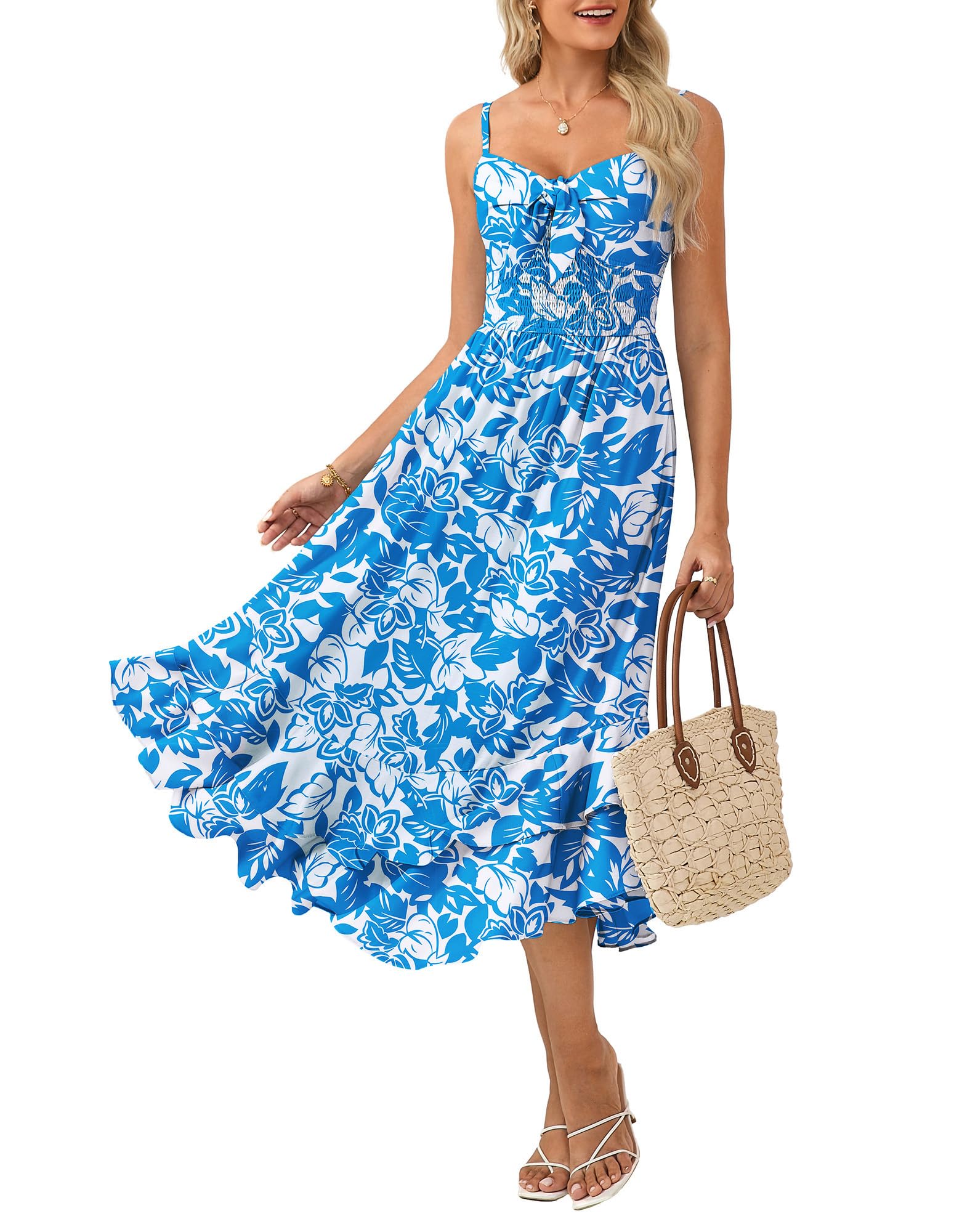 GRACE KARIN Sommerkleid Damen Kleid Maxikleid mit Spaghettiträgern A-Linien Boho-Blumenkleid Party Prom Holiday Beach