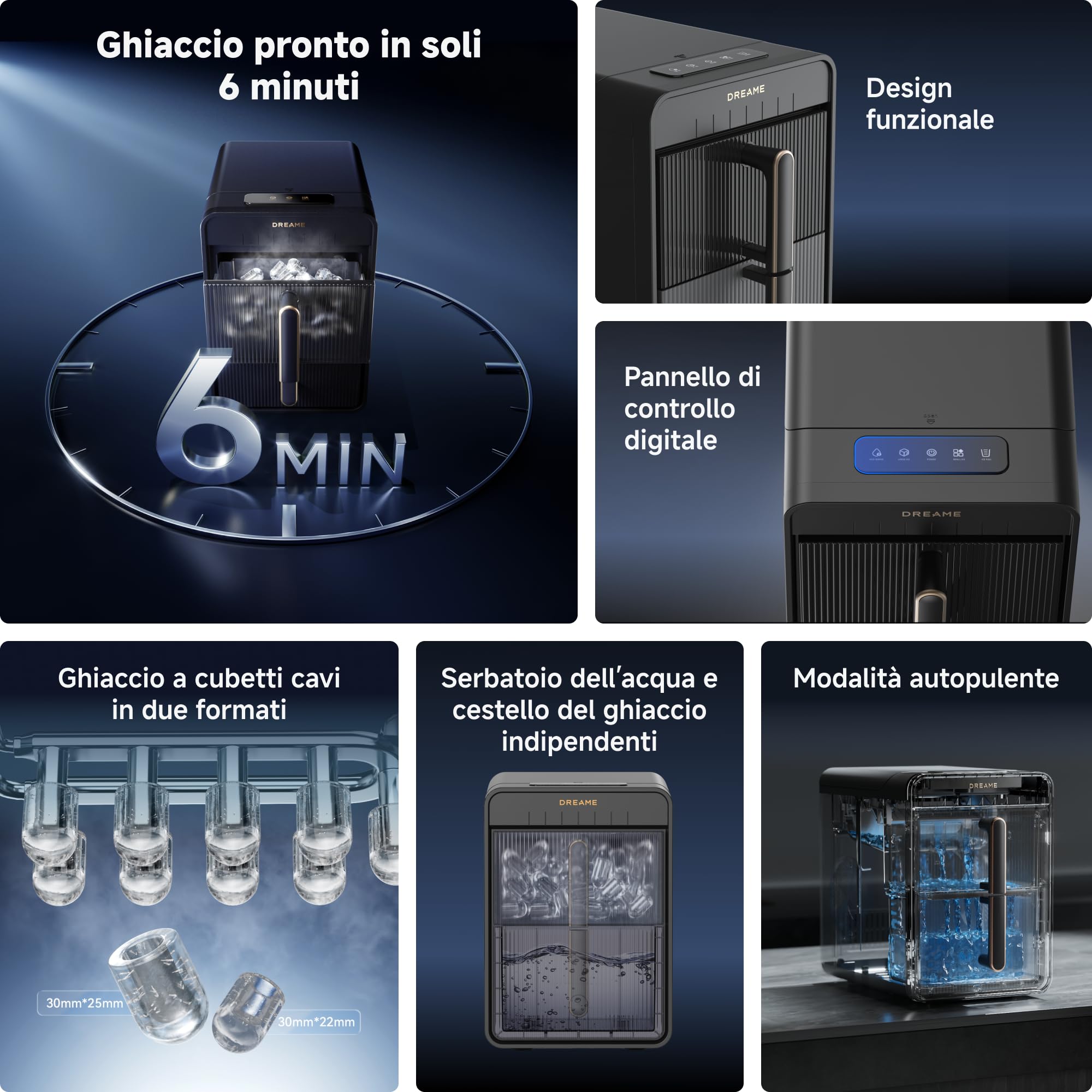 DREAME Aura Macchina per Ghiaccio a Cubetti Cavi con Produzione Rapida in 6 Minuti, Serbatoio e Cestello Separati, due Dimensioni di Cubetti, Controllo Digitale, Luce LED e Funzione Autopulente