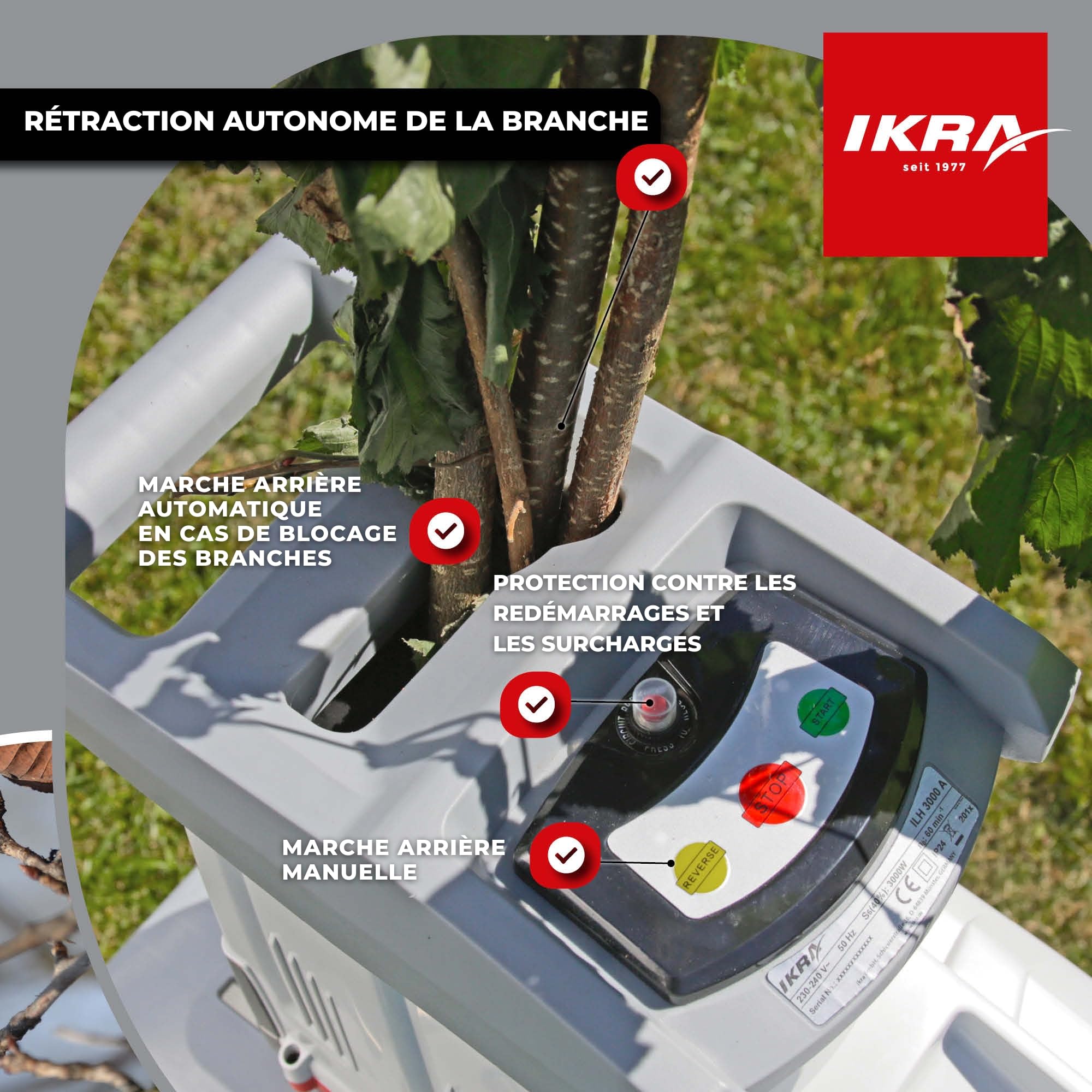 Ikra Broyeur silencieux électrique ILH 3000A, diamètre de la branche 44mm, moteur puissant de 3000W Automatique | Silencieux & robuste, puissance de 3000 watts, alimentation automatique des branches, marche arrière automatique