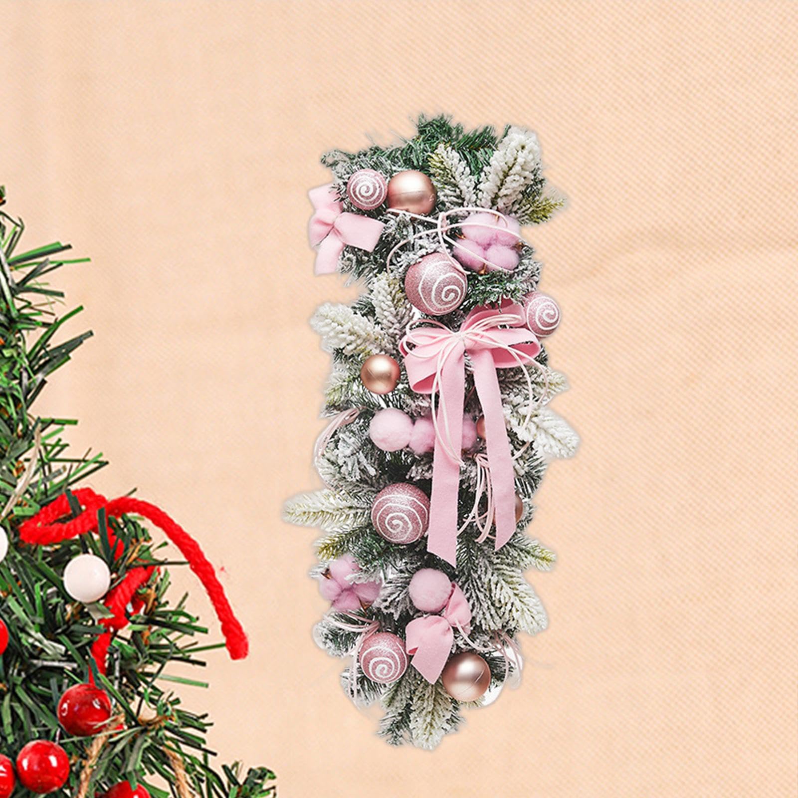 Fenteer Weihnachts-Treppengirlande, künstliches Ornament, mit Lichtern, Weihnachts-Tränengirlande-Kranz, Weihnachtsgirlande für -Innentreppen, ROSA