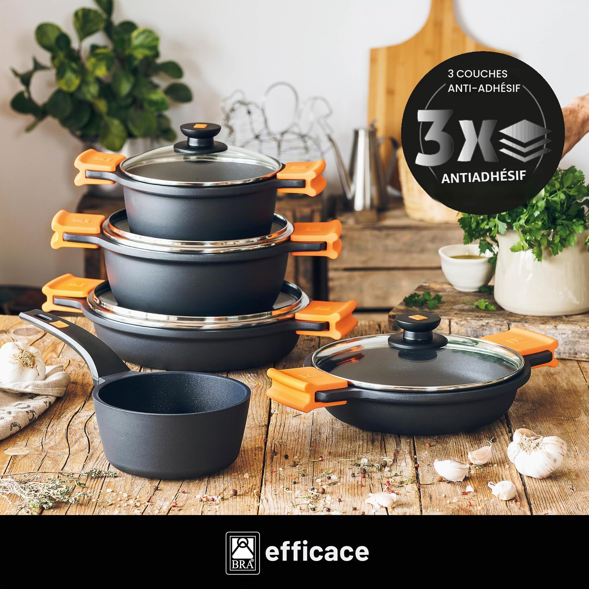 BRA Efficient | Batterie de cuisine 9 pièces en fonte d’aluminium | tous feux dont induction, revêtement antiadhésif