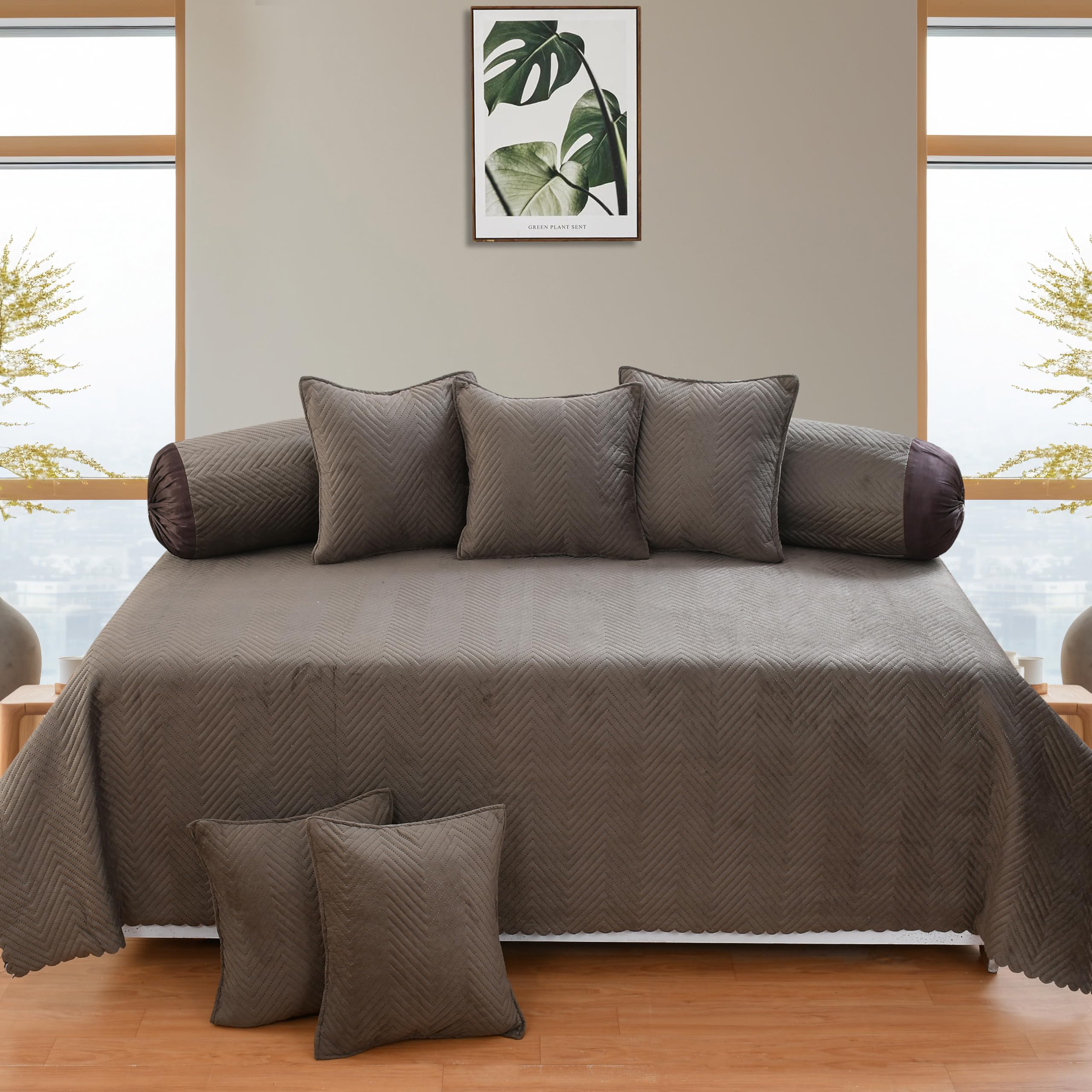 Luxury Velvet Diwan Bedsheet with 5 Cushion Covers and 2 Bolster Covers – Designer Sofa DiwanCover Set for Living Room Set (1+2+5) (Coffee)-image-19
