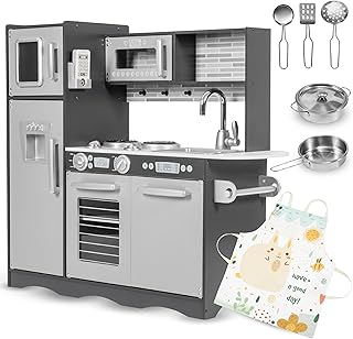 Mamabrum, Baby Toy Play Kitchen with LED Flash System, Children's Wooden Toy, Role Play Kitchen Accessories Including Role Play Kitchen for Children, Small Chef Playset, Natural Wood/Grey