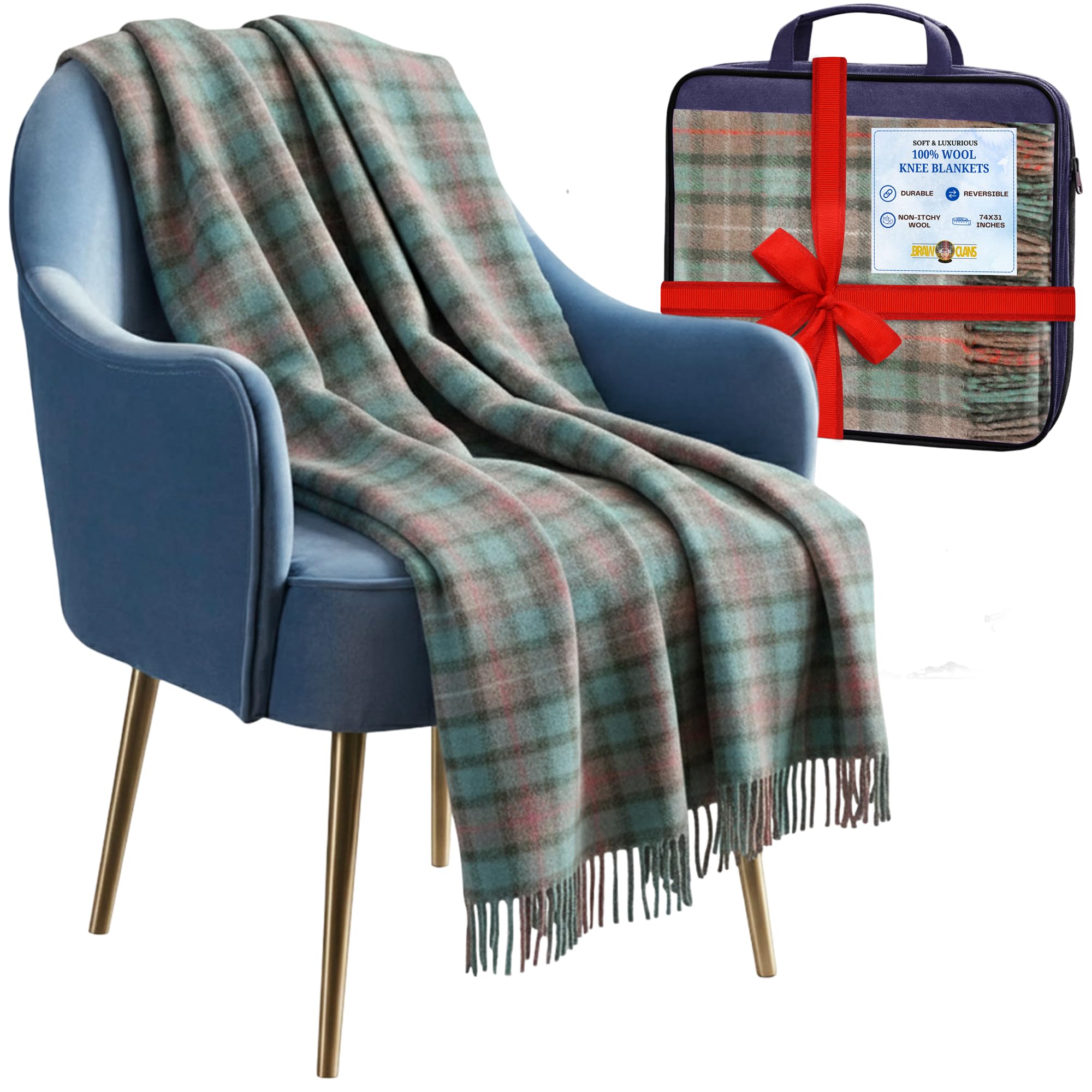 100% Pure Wool Knee blankets for elderly, Adults - 74x31" - Scottish tartans - Fringed edges, check Cosy sofa throws - Reading, Wheel chair, Travel - winter Blanket (Fraser Hunting Ancient Tartan)