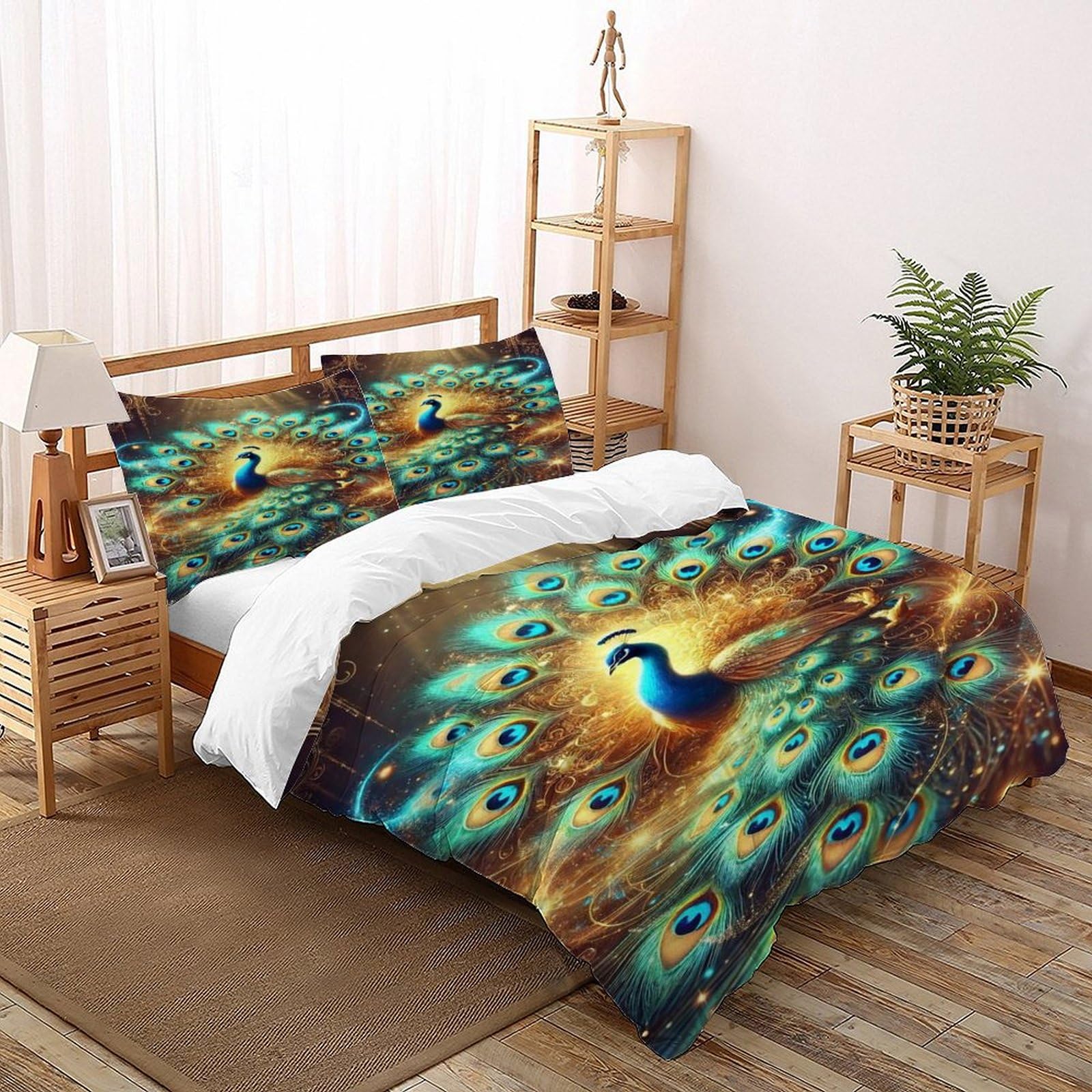 Housse de couette 3D animal imprimé paon pour lit double 3 pièces sans repassage
