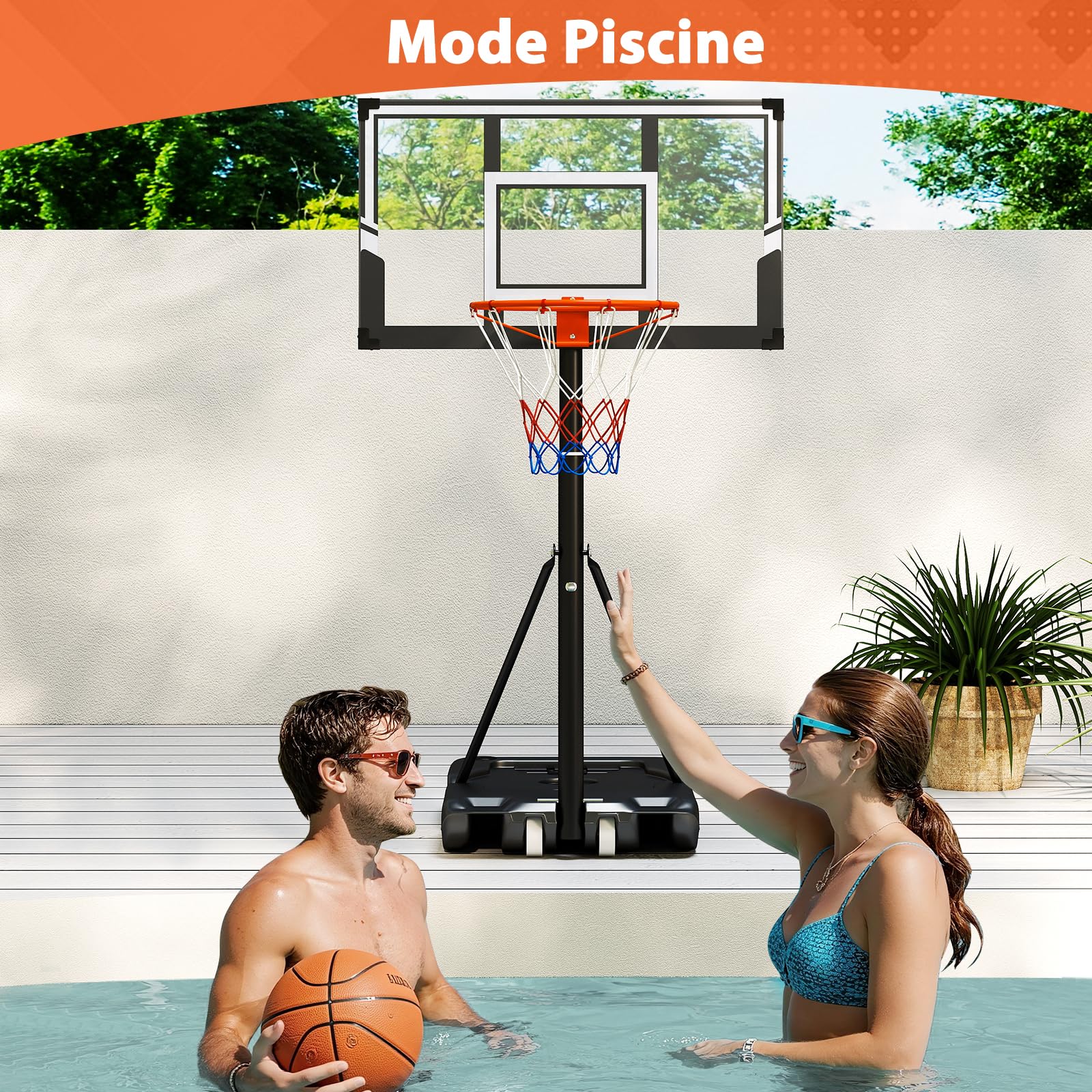 GYMAX Panier de Basket Mobile Portable pour Enfants Adultes, 18 Hauteurs Réglables 100-305cm, Utilisation Intérieure et Extérieure, Base Remplissable d'eau ou de Sable, Panneau Incassable
