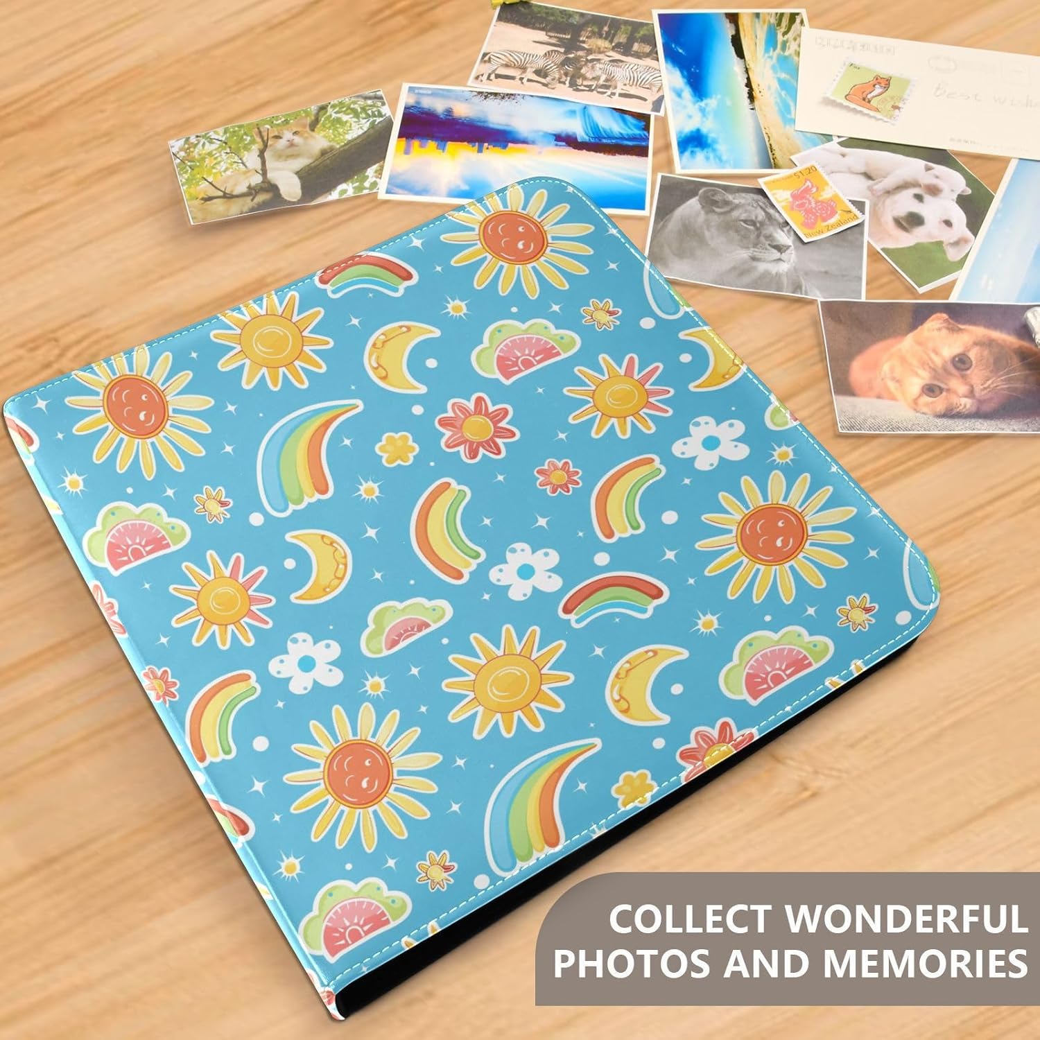 JIPONI Rainbow and Sun Large Photo Album, DIY Leather Cover Scrapbook Albums for 4x6 5x7 6x8 Pictures, Self Adhesive Memory Book for Wedding, Baby, Family