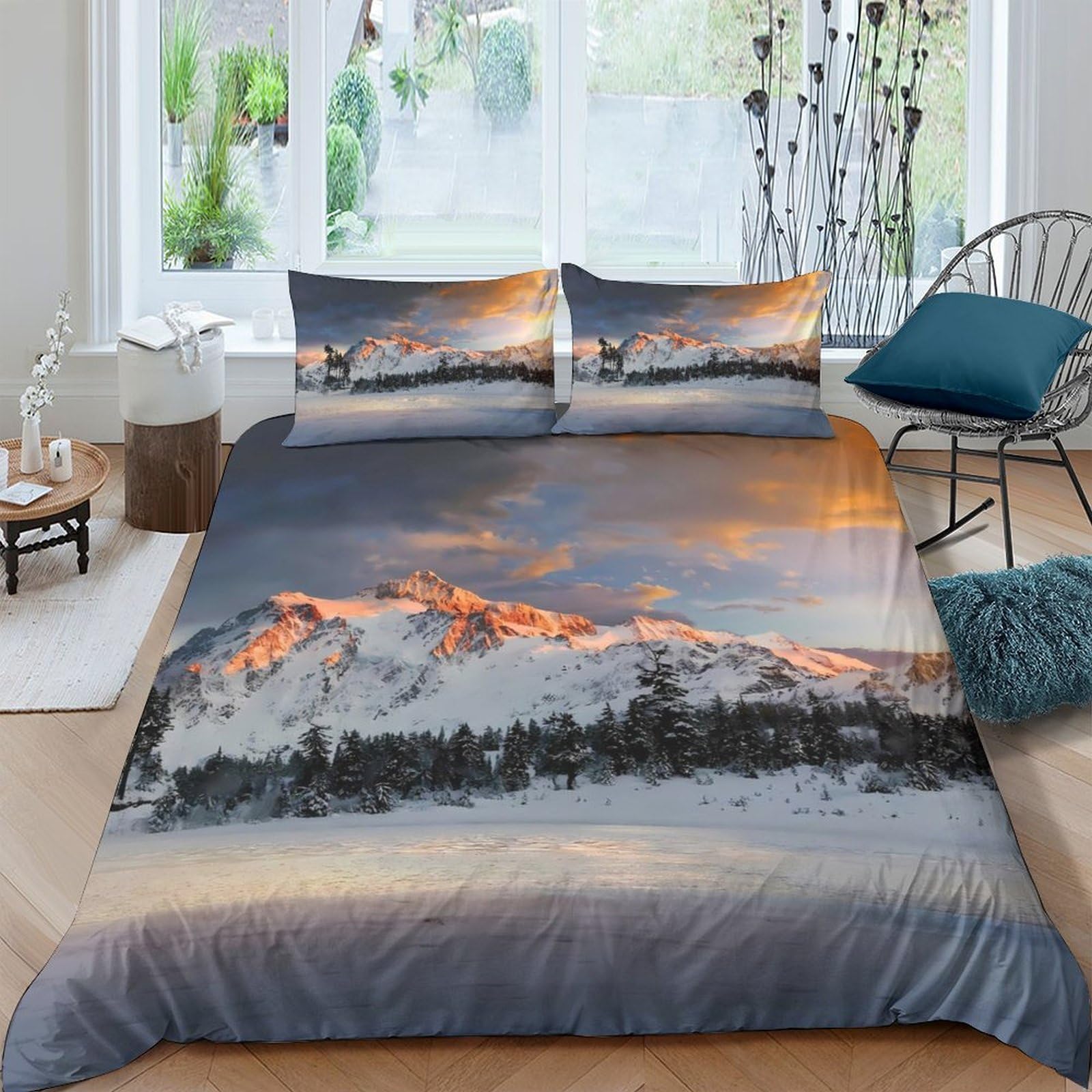 GPLZQXKJNH 3D Printed Mountain Sunrise Duvet Cover Microfiber Soft Breathable Forest Lake Bedding Set with 2 Pillowcases for Bedroom Single（135x200cm）