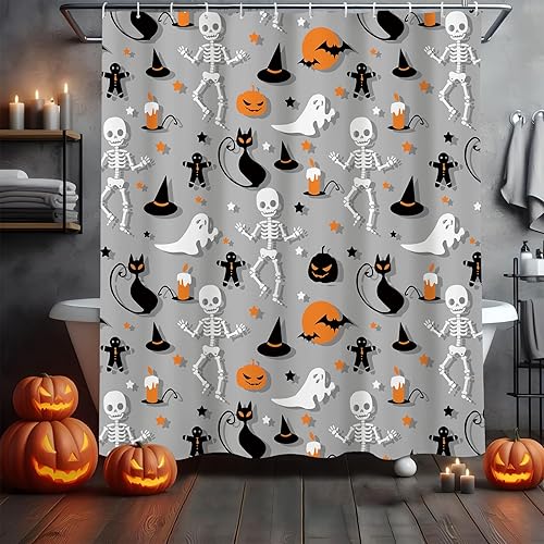 Miniatura 2 de MEHOFOND Cortina de ducha de calavera de esqueleto de Halloween, divertida cortina de ducha para baño, gato, calabaza, bruja, fantasma, bañeras,
