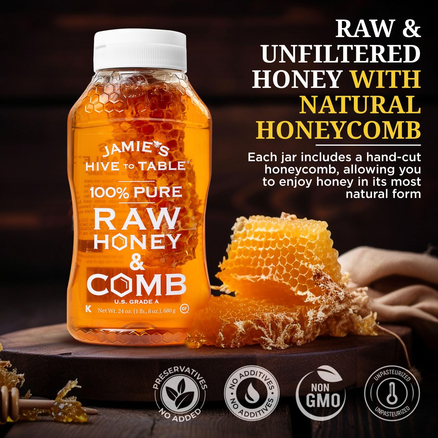 Jamie's Hive To Table 100% Pure Honey with Honeycomb, 24 Oz – USA Made Raw & Unfiltered Honey – Fresh Edible Honeycomb – All-Natural Sweetener – Rich Flavor Profile, Packed with Nutrients