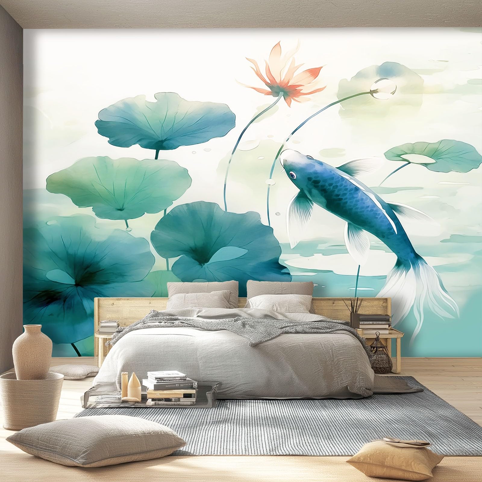 Tapeta z włókniny 350 x 256 cm, ryba chiński liść lotosu, dekoracja ścienna do dużego pokoju młodzieżowego, niebiesko-zielona