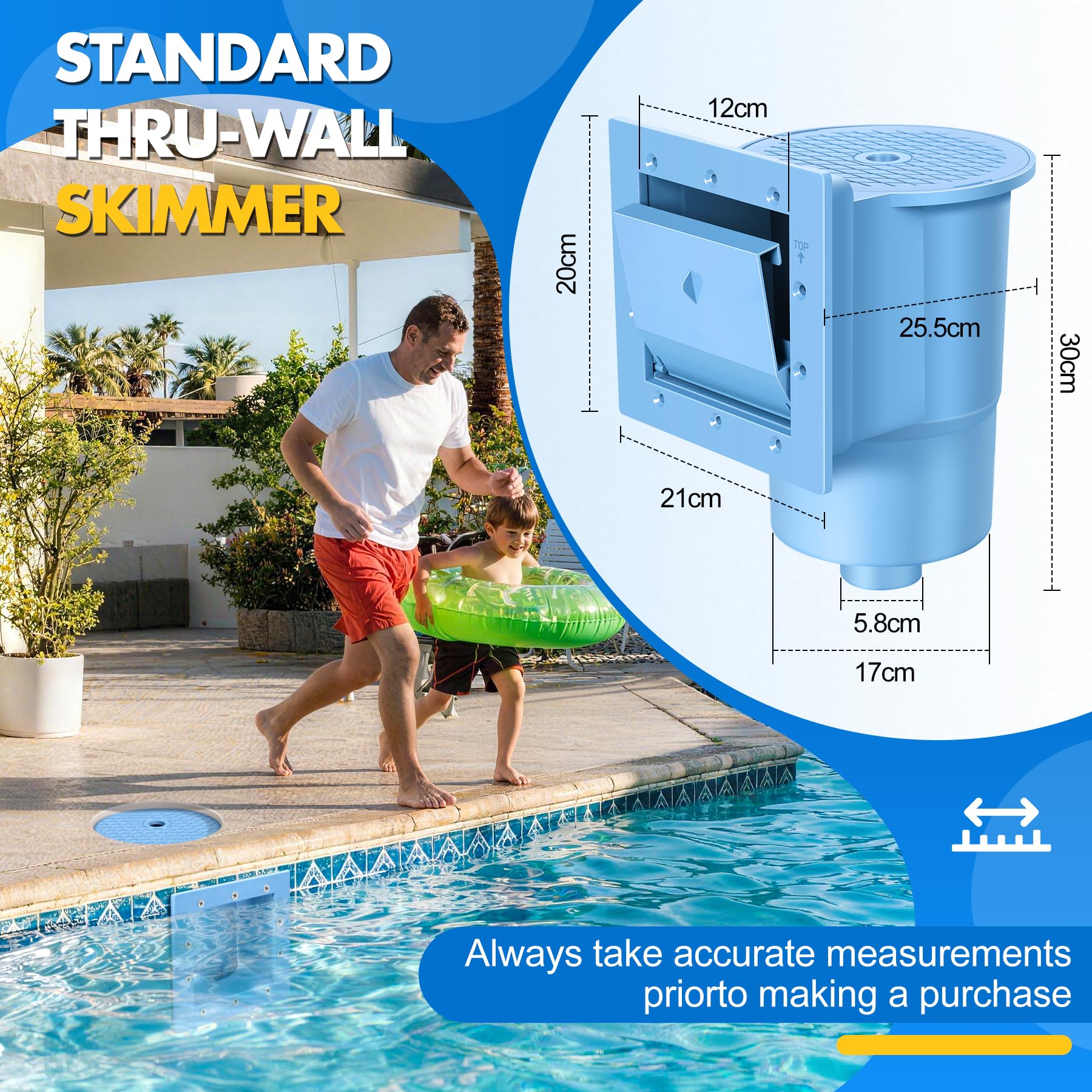 LuxBlue Skimmer Piscine Hors Sol, Skimmer de Surface Piscine Carrée en ABS de Haute Résistance, Ecumoire de Piscines avec Grand Panier Amovible pour Facile Nettoyage, Kit Skimmers Piscines Tubulaire