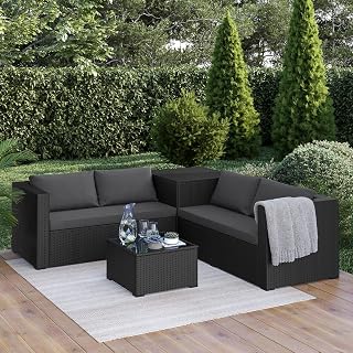 STEELSØN Veloria Rattan Gartenmöbel Set 4-TLG. – Gartenlounge mit Sofas, Tisch & Box – Outdoor Sitzgruppe bis 4 Personen – Sitzgarnitur Garten/Balkon/Terasse schwarz/anthrazit mit Stauraum