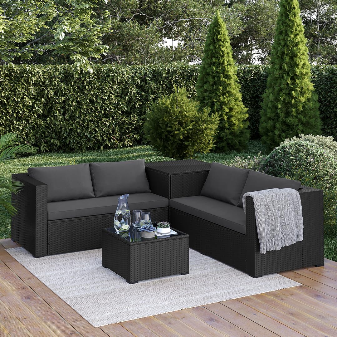 STEELSØN Veloria Rattan Gartenmöbel Set 4-TLG. – Gartenlounge mit Sofas, Tisch & Box – Outdoor Sitzgruppe bis 4 Personen – Sitzgarnitur Garten/Balkon/Terasse schwarz/anthrazit mit Stauraum