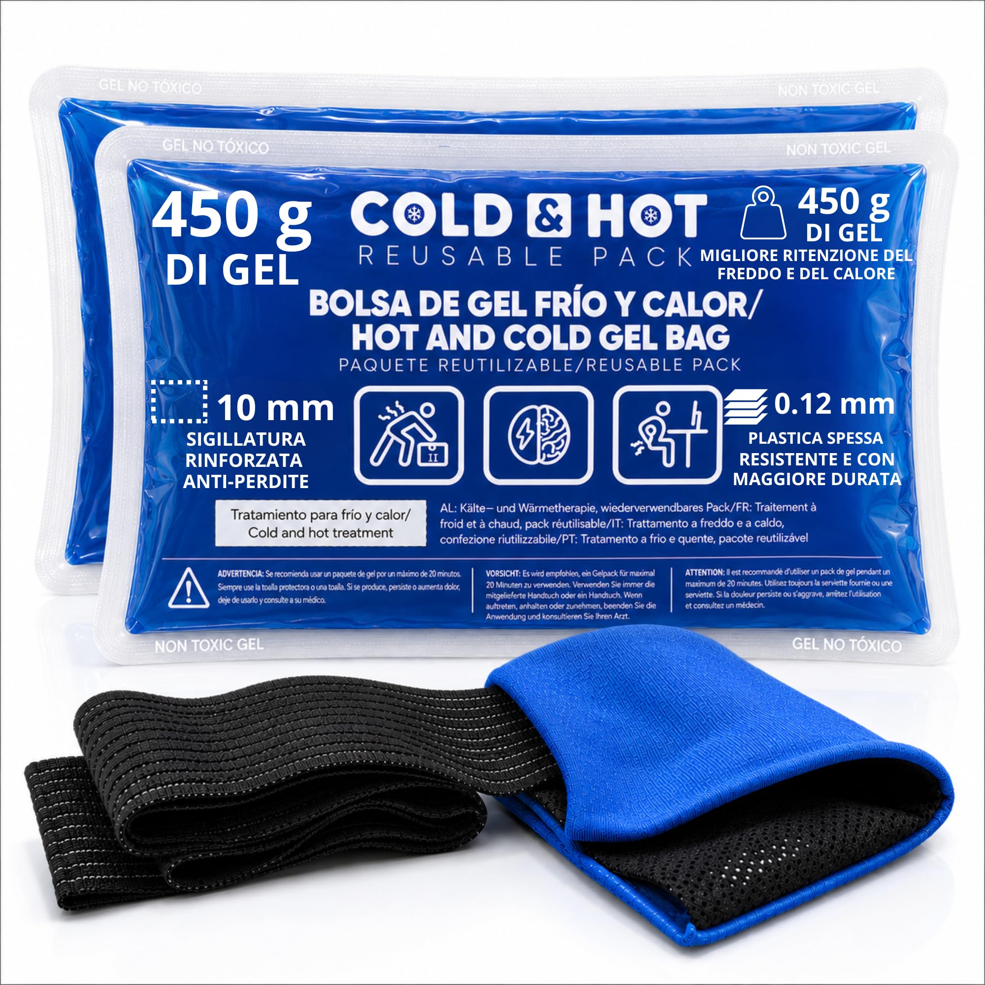 2 Ghiaccio Gel Riutilizzabile (26 x 15 cm) - Compressa fredda calda, Include 1 Copertura Multiposizione in Tessuto con Fascia di Compressione- Terapie caldo/freddo - Adatto per Microonde