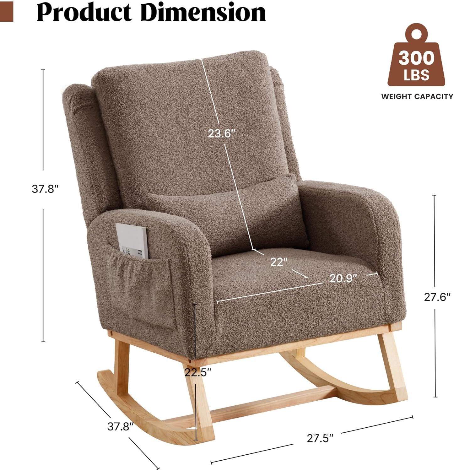 Rocking Chair Nursery, Teddy Nursing Rocking Chairs, Upholstered Nursery Glider Rocker Wingback Morden Rocking Chair with Lumbar Pillow for Mom Nursery, Living Room, Bedroom, Coffee