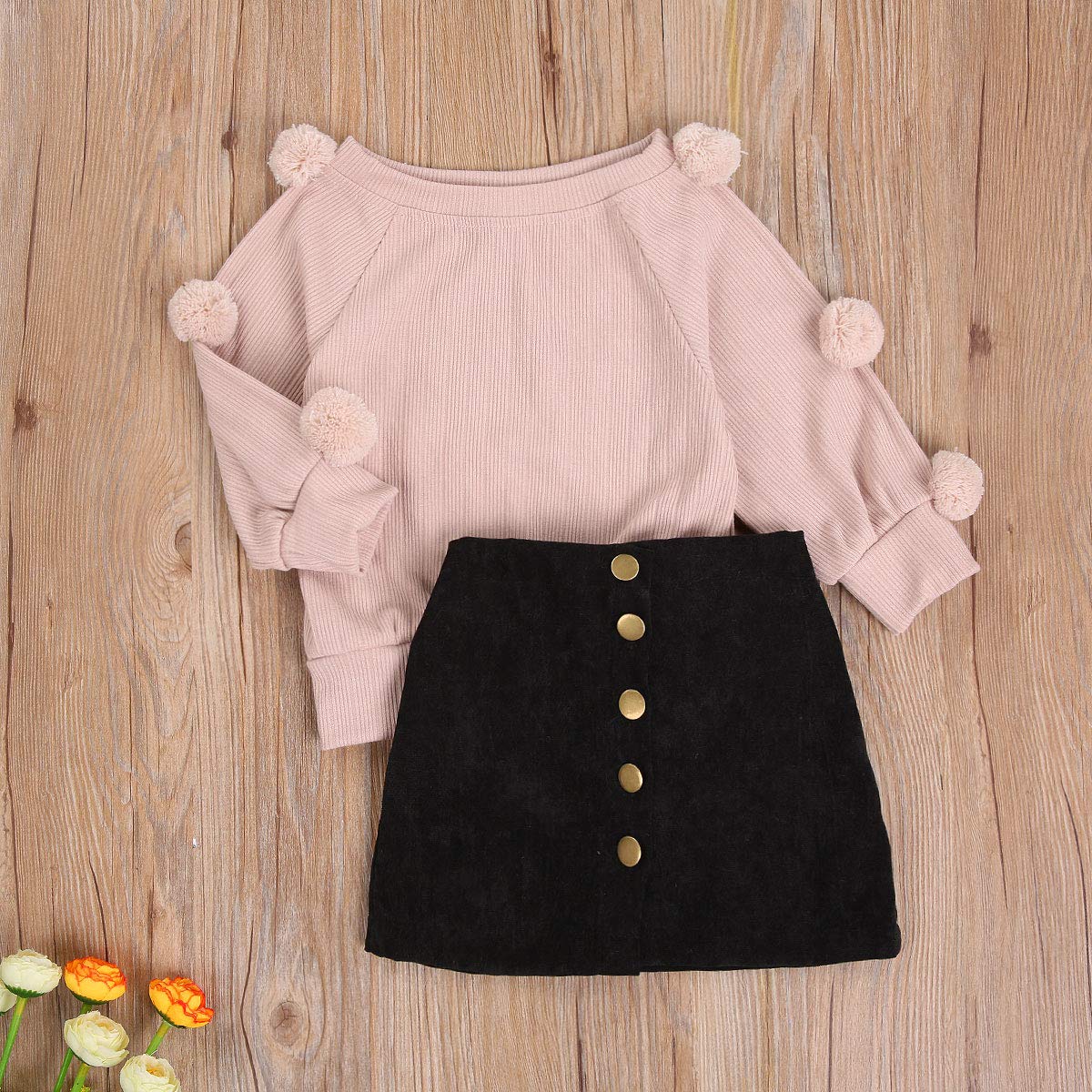 Toddler Baby Girls Fall Winter Clothes Pompom Knitted Sweater + Button Skirt Dress Outfit Set (Pink, 6-7 Years)