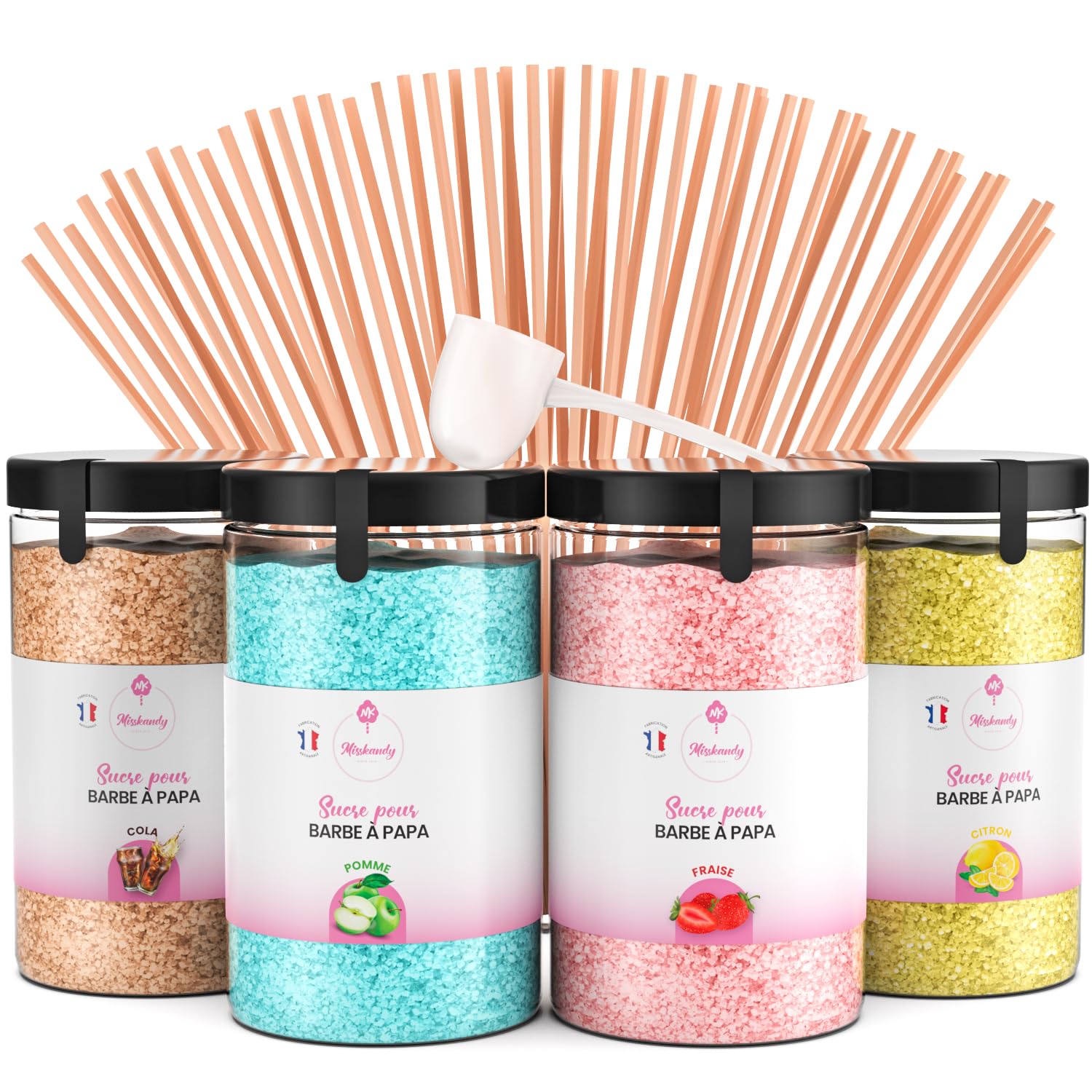 Misskandy® algodón de azúcar para máquina- Pack de 4 * 240Gr - (Sabores Naturales): Sabores: Fresa/Manzana/Cola/Limón + 50 palitos (gratis)