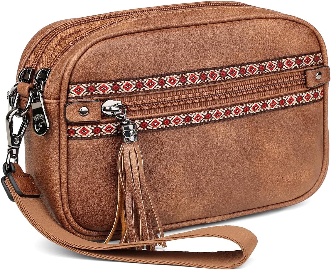 FADEON Wristlet Wallets for Women, Designer Leather Clutch Purse with 5 Zippers, RFID Credit Card Holder Cell Phone Organizer