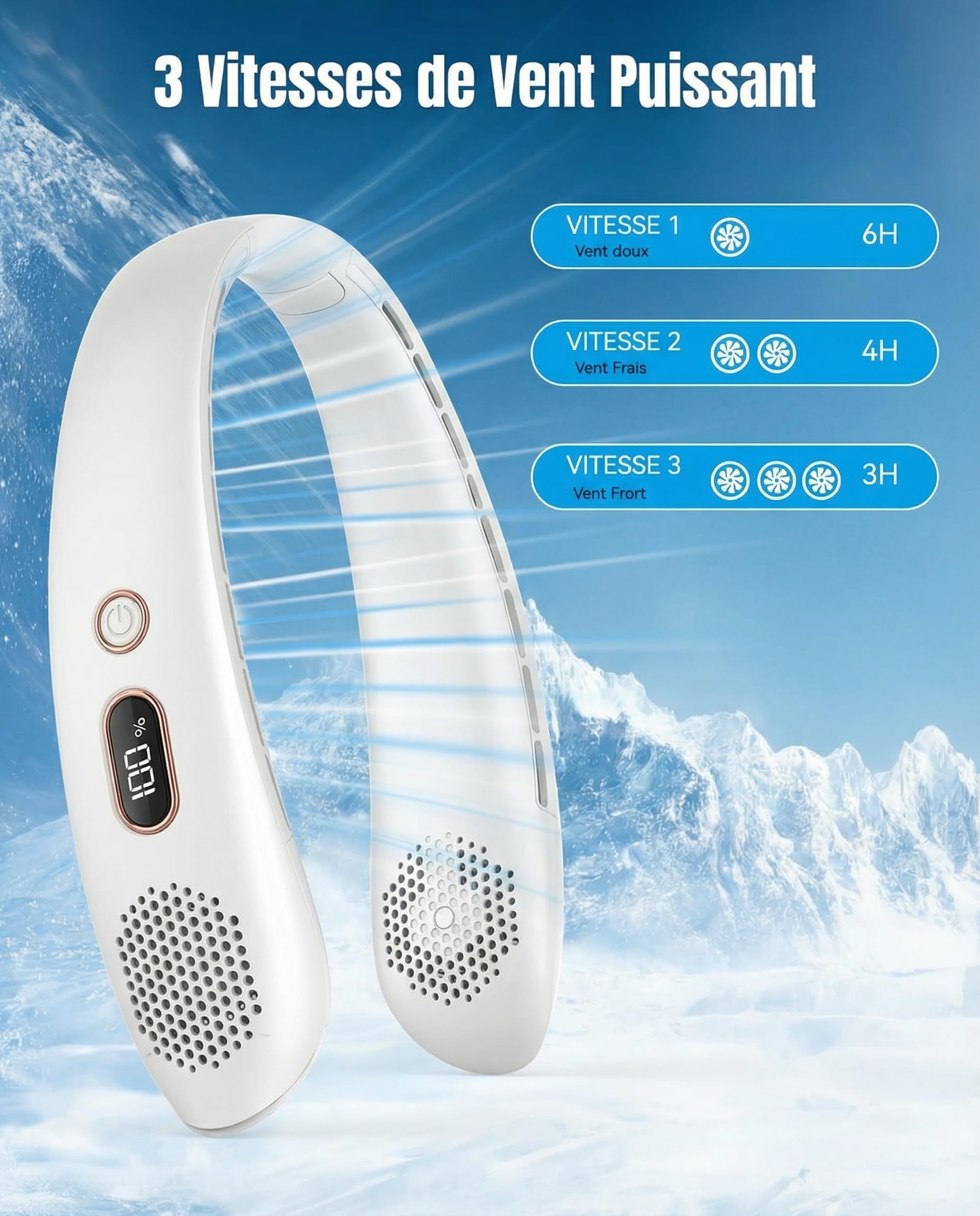 Ventilateur de Cou, 360° Ventilateur Portable Silencieux, 3 Vitesses Ventilateur Cou USB avec Affichage LED, Petit Ventilateur Sans Pale Personnel pour Domicile,Bureau,Voyage,Sport,Yoga