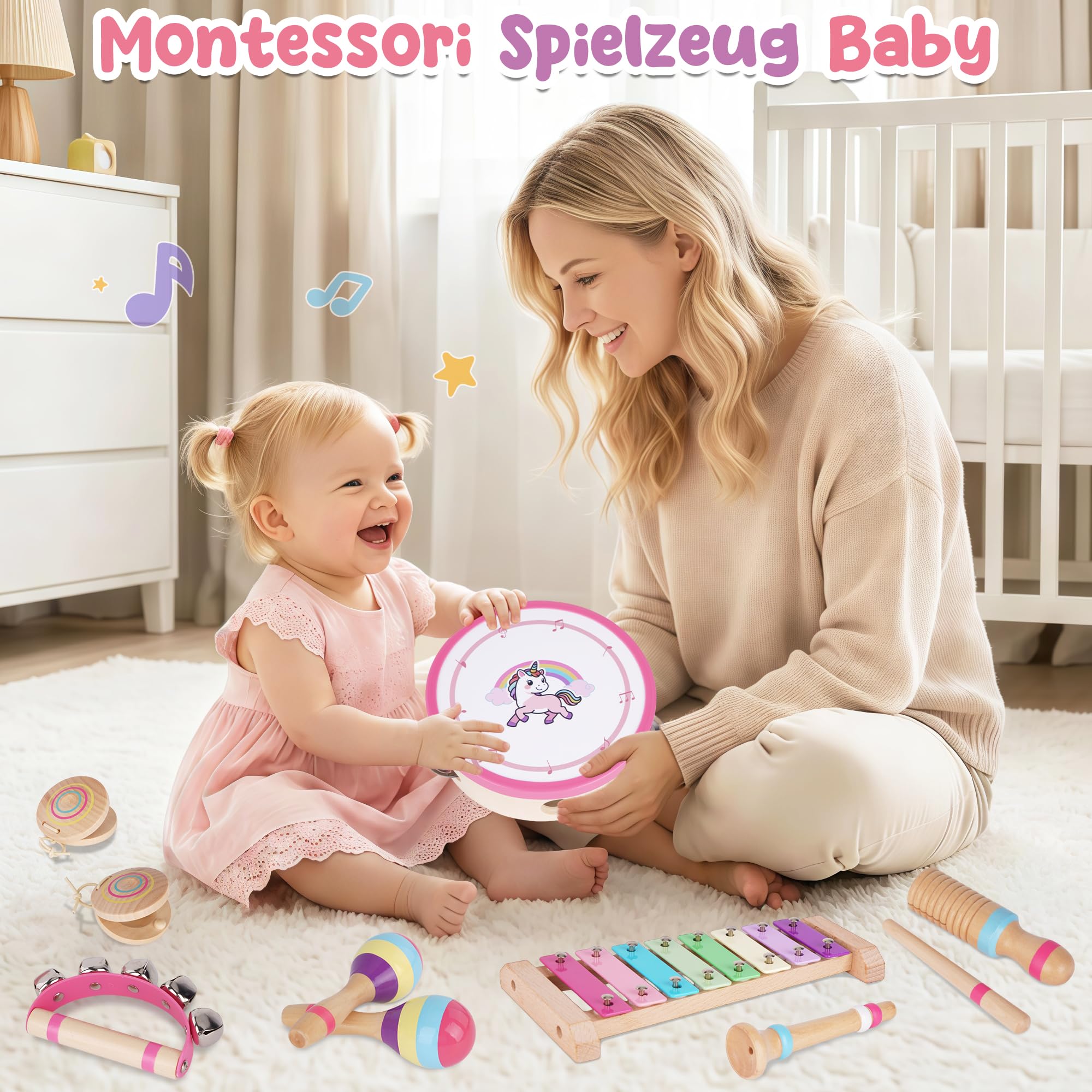 ATOYUS Montessori Musikinstrumente Spielzeug für Babys und Kinder ab 1 Jahr, Holz-Schlaginstrumente für 1-3 Jährige Mädchen mit Xylophon, Trommel, Geschenk zum 1. Geburtstag, zu Weihnachten und Ostern