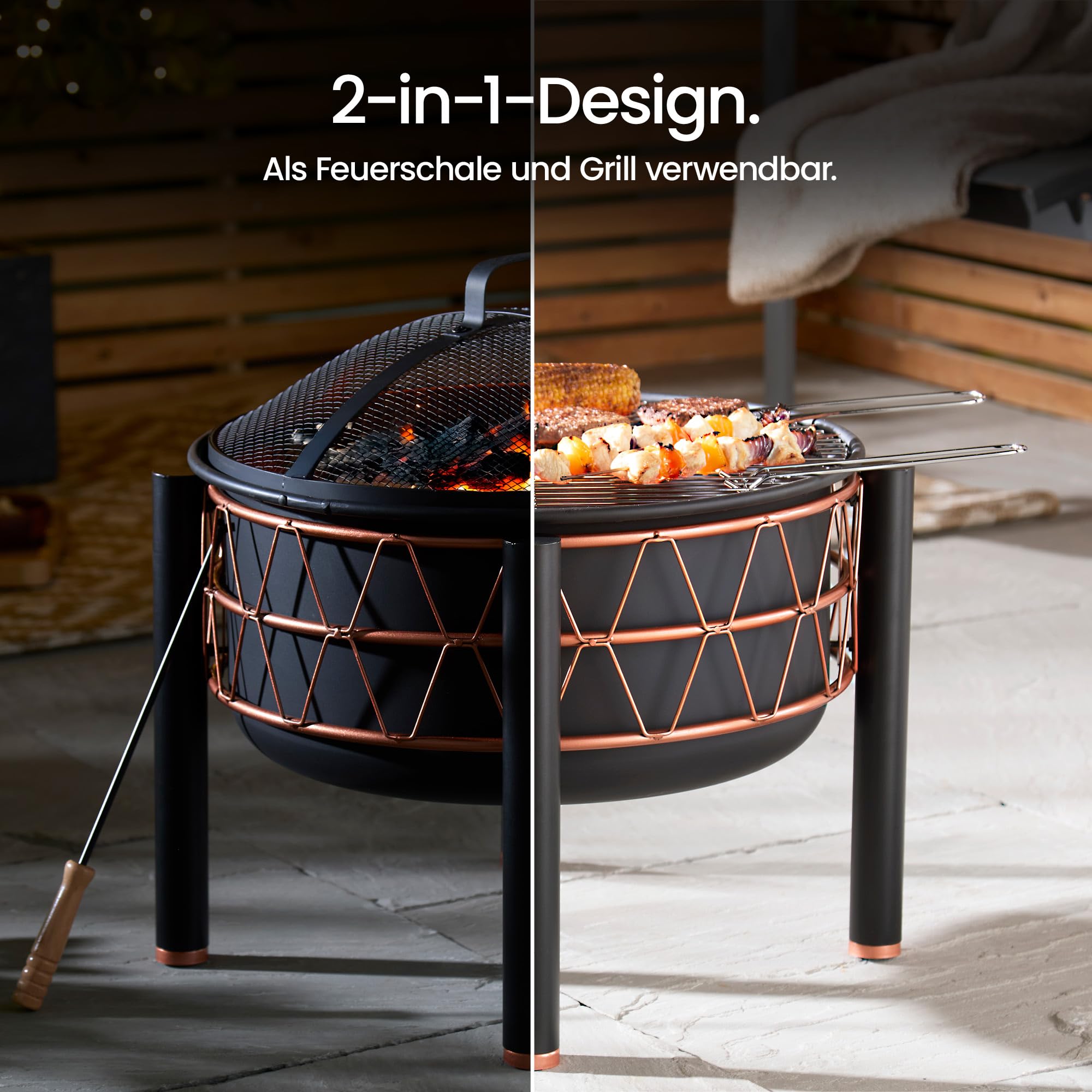 VonHaus BBQ Feuerstelle, 2-in-1 Feuerschale für Garten, Terrasse und Outdoor, Feuerkorb aus Stahl mit Kupferdetail, Feuerschale mit Funkenschutz, Schürhaken und Grillrost, Nutzbar mit Holz und Kohle