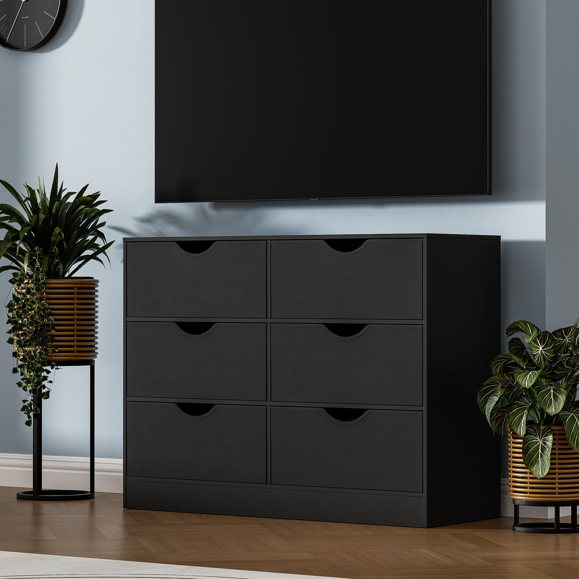 Housoul 6 Drawers Dresser for Bedroom with 6 Fabric PU Drawer, Black Dresser with Large Organizer, Closet Chest of 6 Drawers for Closet, Living Room,