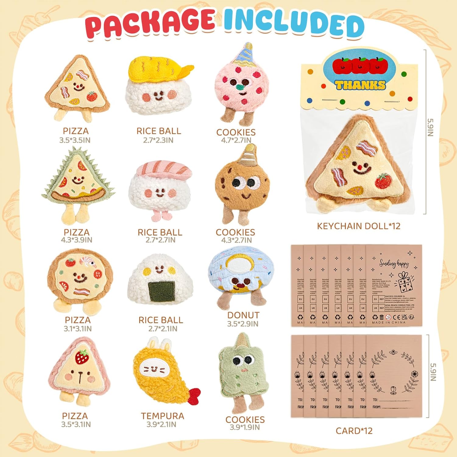 12Pcs Food Plush Cute Keychains Bulk 4" Small Stuffed Toys Kawaii Mini Backpack Keychain, Party Favors for Kids Birthday Gifts Classroom Prizes Goodie Bag Stuffers Easter Egg Basket Fillers