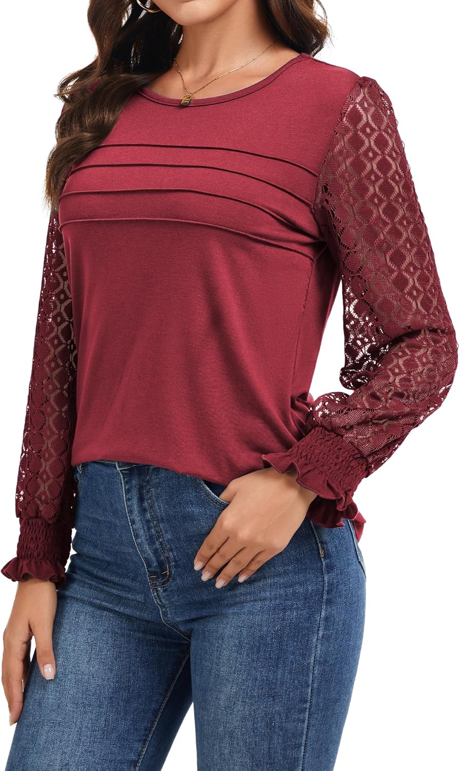 Womens Long Sleeve Shirts Pleated Front Business Casual with Crewneck Lace Tunic Tops Fit Blouse for Fall Wine Red M - Image 4