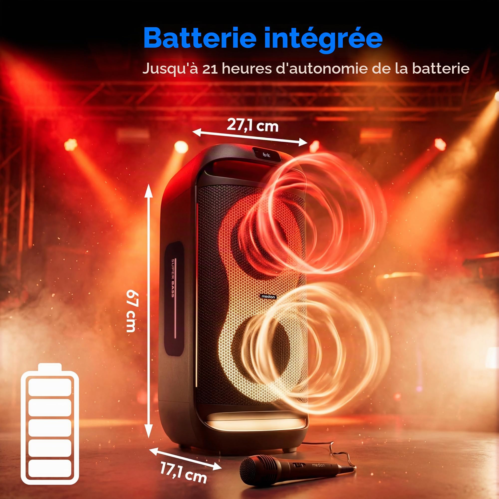 MEDION PE-2 Plus Partybox Batterie avec Micro - Grande Enceinte
