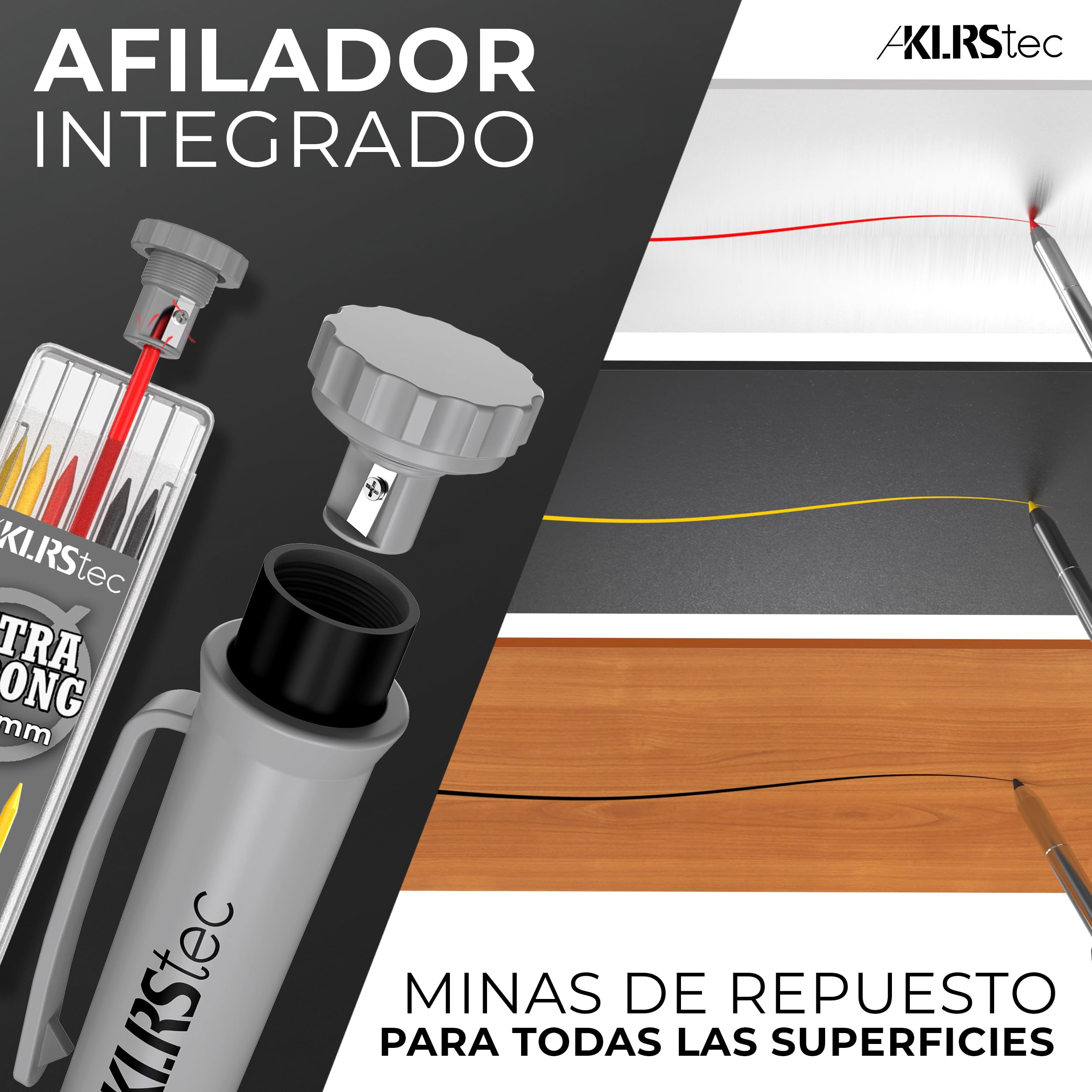 KLRStec Escuadra de Carpintero Profesional – Juego de Herramientas para la madera multifunción. Lapiz de carpintero y minas de repuesto incluido [7 Piezas]