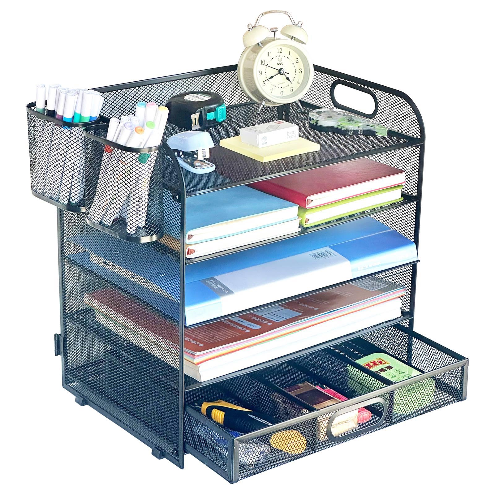TempFoo 5-Tier Desk Tidy File Storage Organiser Holder with 2 Pen Holders, Stationary Supplies Letter Magazine Book Paper Trays Organizer, for Home Office Teacher Supplies Desktop Accessories Black