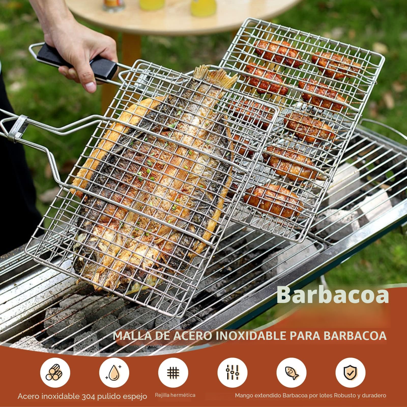 Cesta para Asar Pescado y Verduras - Bandeja de Barbacoa de Acero Inoxidable, Plegable, Portátil - Con Bolsa Oxford y 2 Cepillos de Silicona