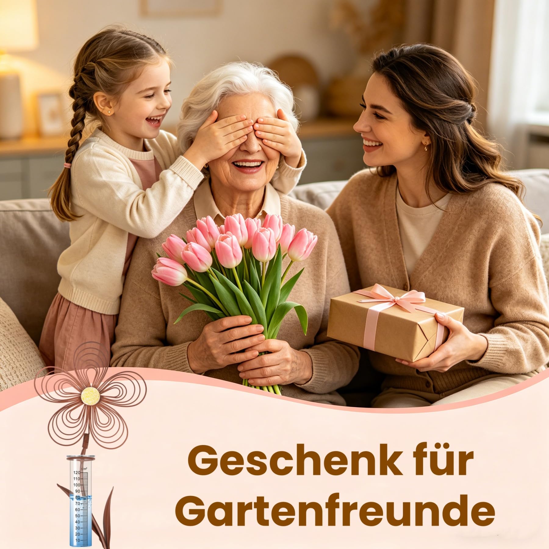 Regenmesser für Garten frostsicher 110 cm Hoch, Dekorativer Niederschlagsmesser aus Glas mit Metall Blumenstecker, Gartendeko in Rostoptik mit Erdspieß