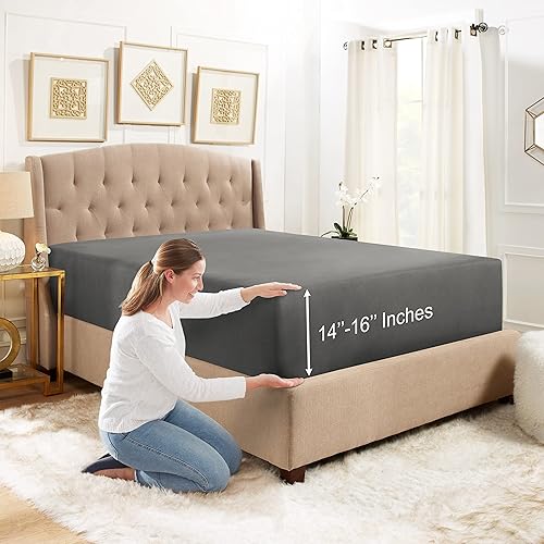 Empyrean Bedding Sábana bajera ajustable de 14 a 16 pulgadas de profundidad para colchón estándar – Sábana de lujo sedosa suave de doble cepillado –