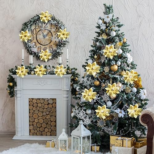 Miniatura 2 de Flores de Pascua artificiales de 5.7 pulgadas con purpurina y clips para árbol de Navidad, decoración de flores de pascuas (dorado, 12 piezas)