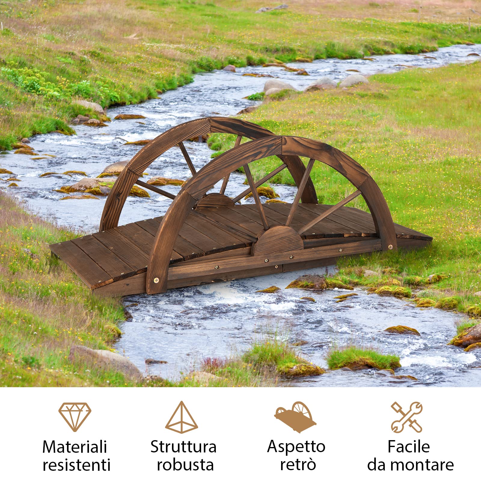 COSTWAY Ponte in Legno da Giardino, Doppia Ringhiera, Capacità di Carico 75 kg